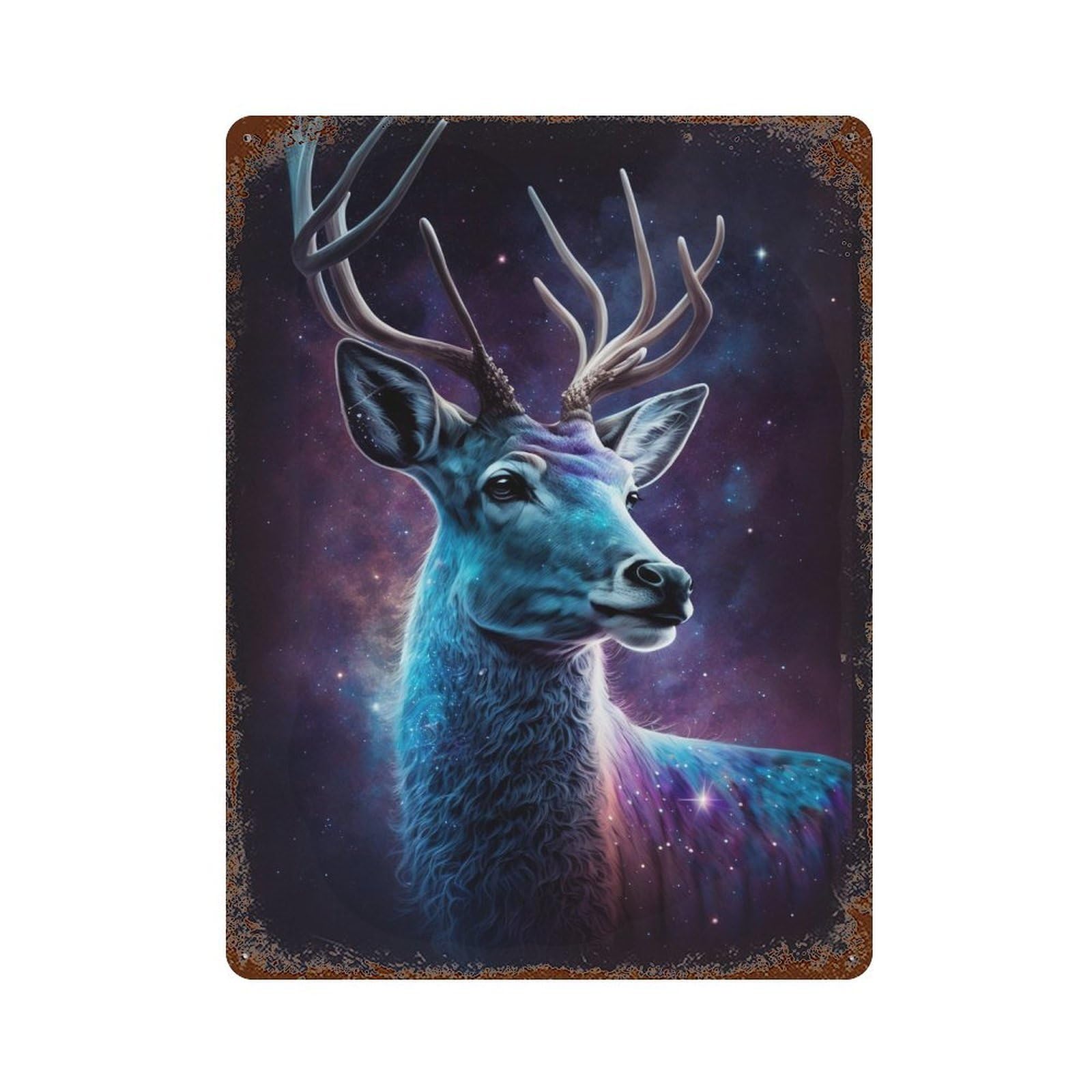 Galactic Deer Art Print-3 Rust Effect Tin Sign 15.7"x11.8", Vintage Wall Decor for Pub, Kitchen And Man Cave Decor