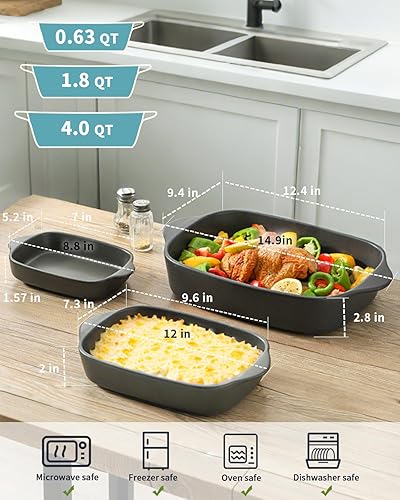 Miniatura 2 de Cacerola para horno, juego de 3 platos de cerámica para hornear, bandeja para lasaña rectangular profunda, juegos de utensilios para hornear de