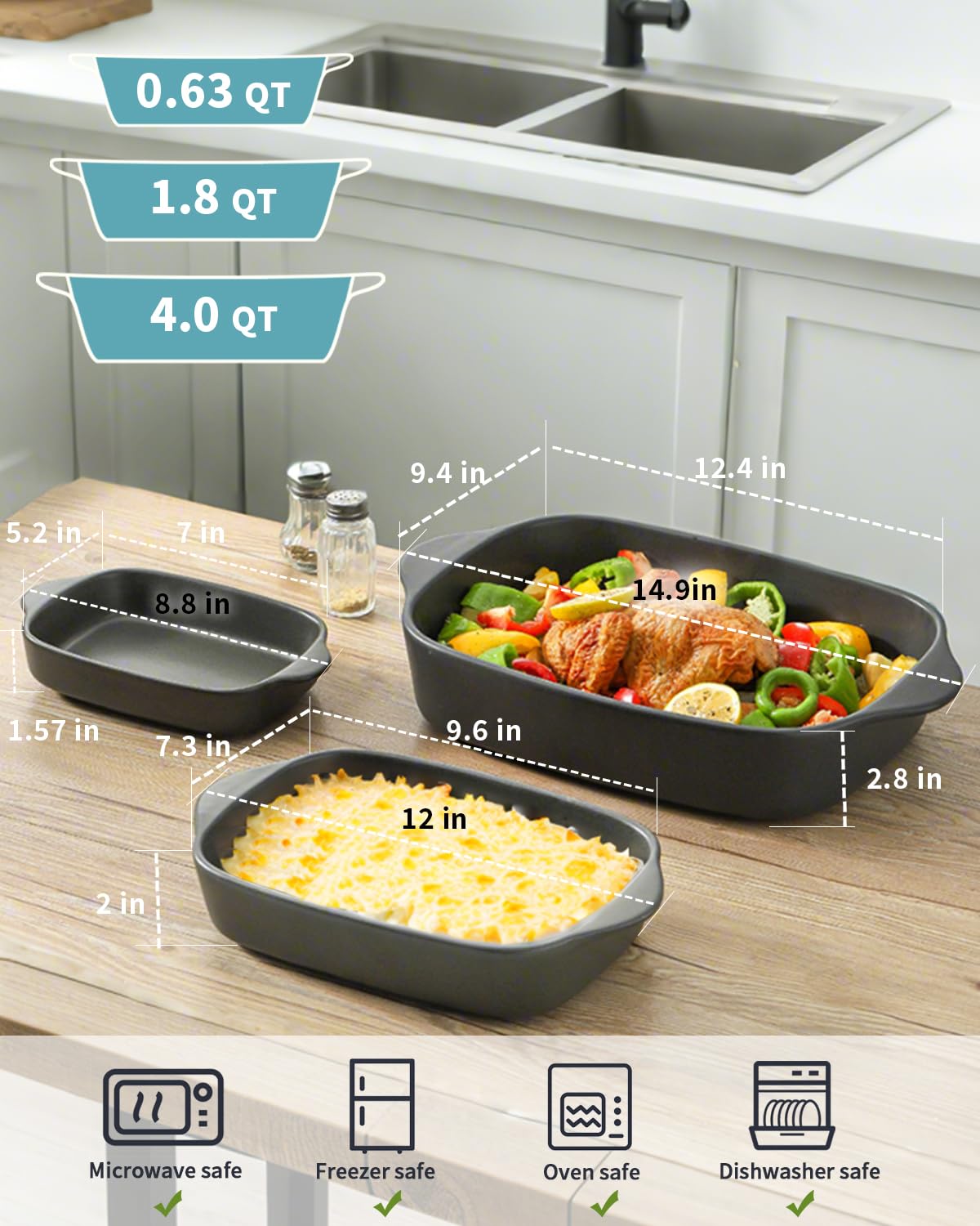 Set di 3 pirofile per forno, teglie da forno in gres, teglia da forno in ceramica, teglia rettangolare profonda per lasagne, set da forno per regali di Natale, (37,8 cm/30,5 cm/22,4 cm), nero