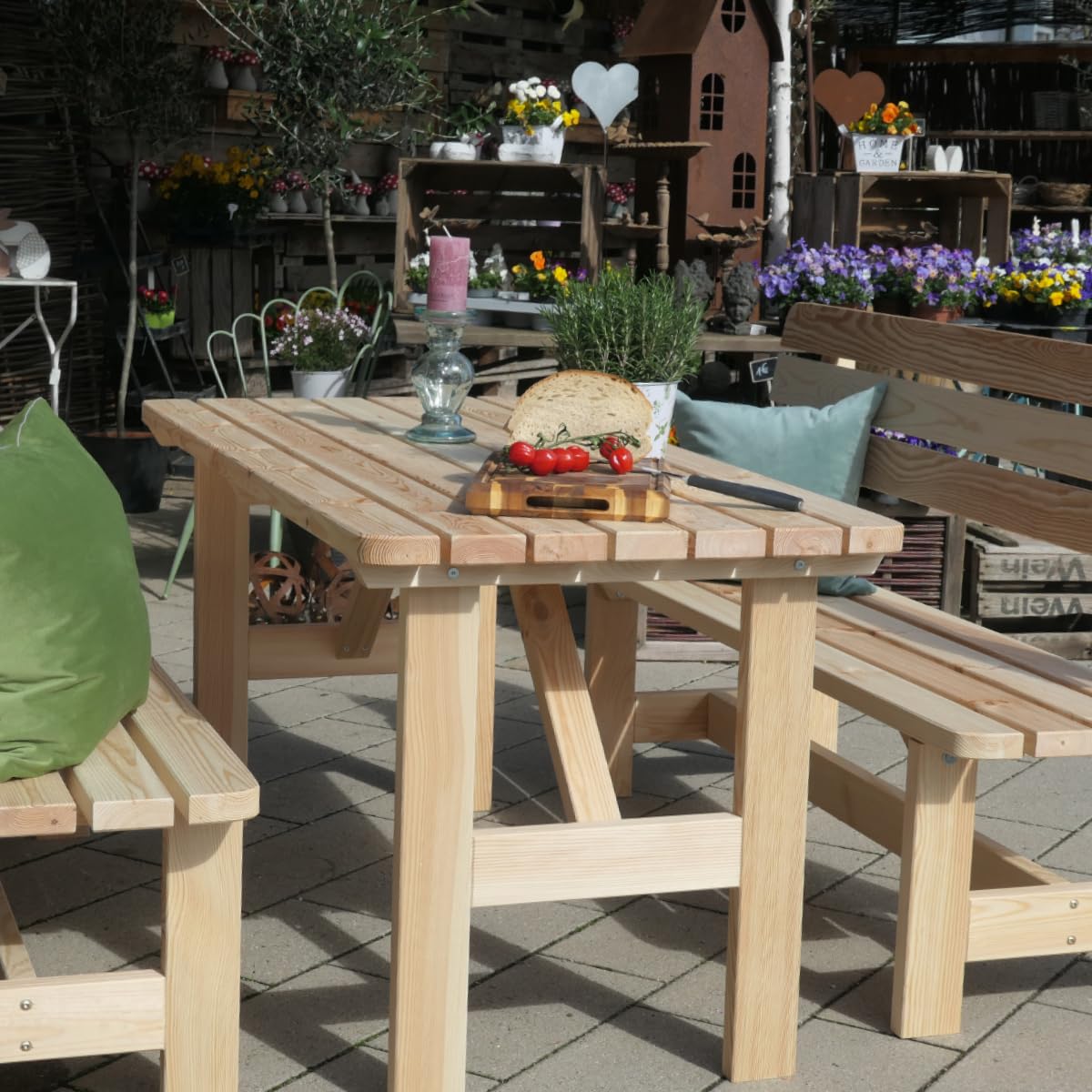 Gartengarnitur aus Holz | Set bestehend aus Gartentisch & Bänken mit Lehne | Hochwertige Sitzgarnitur für den Garten | PEFC-zertifizierte Gartenmöbel für Draußen (Natur)