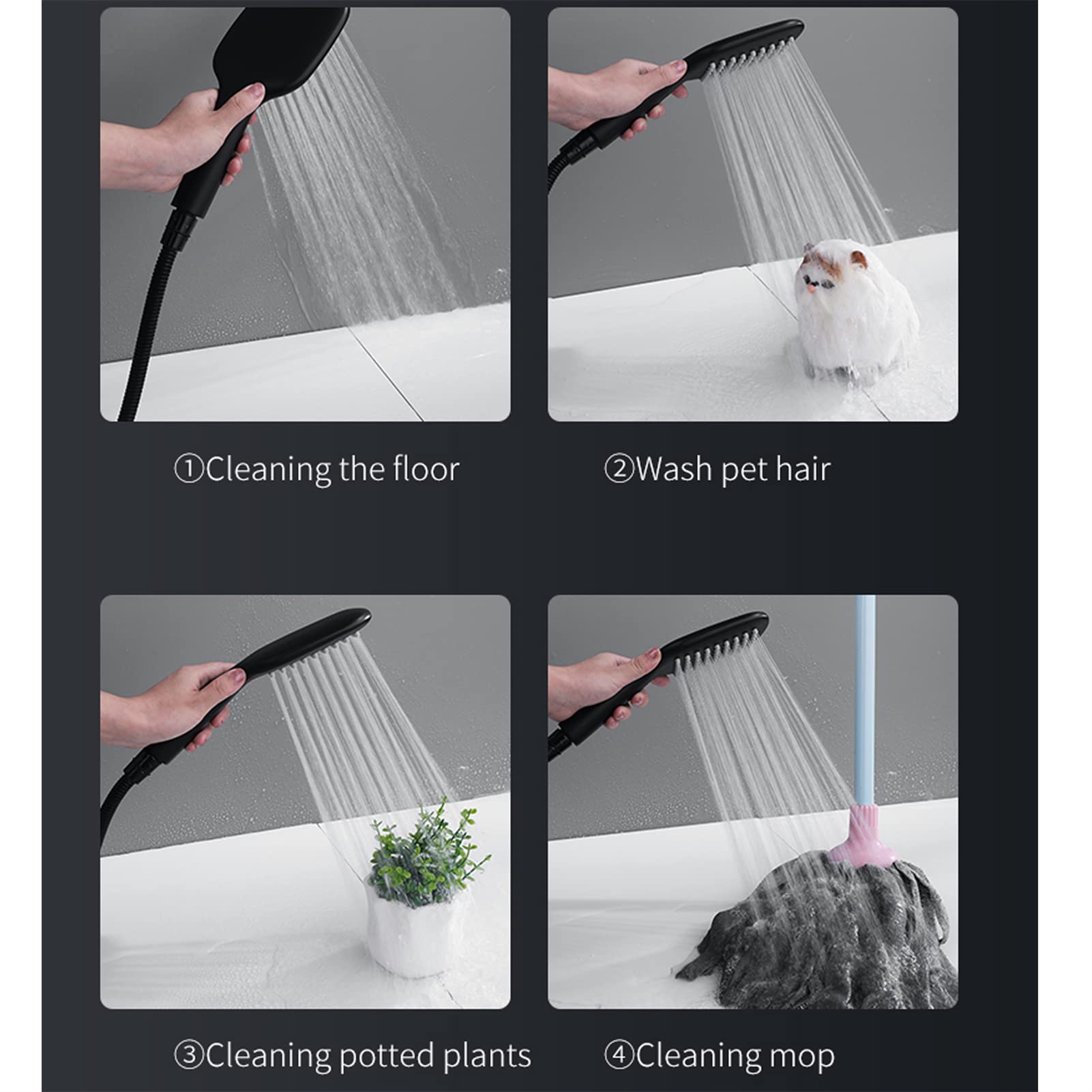 Soffione doccia portatile con tubo flessibile, staffa ottone, soffione doccia portatile ad alta pressione, soffione doccia a pioggia nero, soffione doccia quadrato, ugelli anti-intasamento