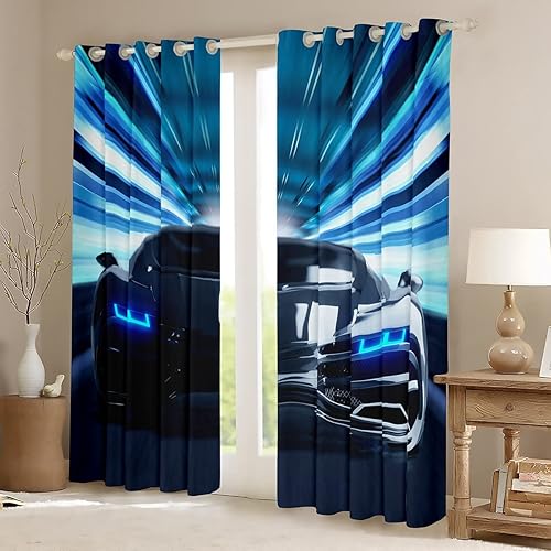 Miniatura 9 de Cortinas de ventana con estampado de automóvil deportivo para dormitorio, sala de estar, cortinas azules de lujo con patrón de automóvil para niños
