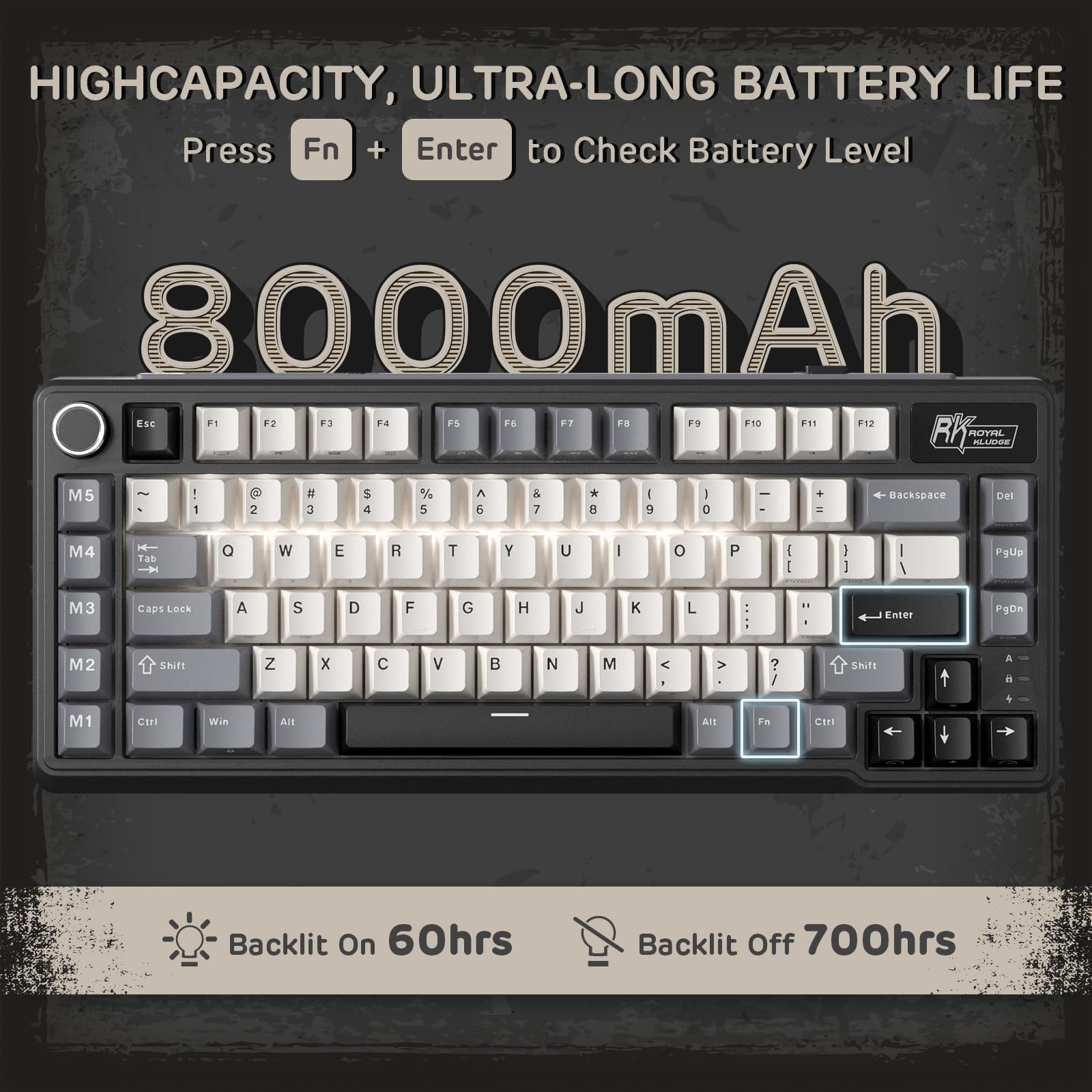 RK ROYAL KLUDGE L75 Teclado mecánico de montaje de junta con perilla/teclas macro y placa de identificación táctil, teclado inalámbrico TKL 75% de triple modo BT/2.4G/USB-C, intercambiable a caliente