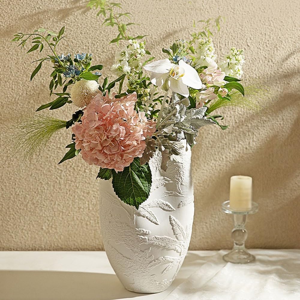 Jarrón de cerámica Jarrón de cerámica Blanca con Relieve Hojas, Adorno hidropónico for Flores Frescas Florero