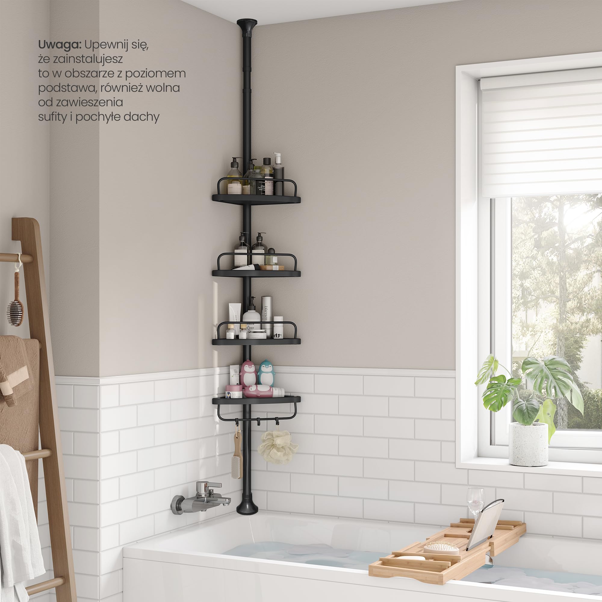 SONGMICS Narożna półka prysznicowa, 4-poziomowa półka prysznicowa, 85-305 cm, regulowany organizer łazienkowy, czarny BCB001B01