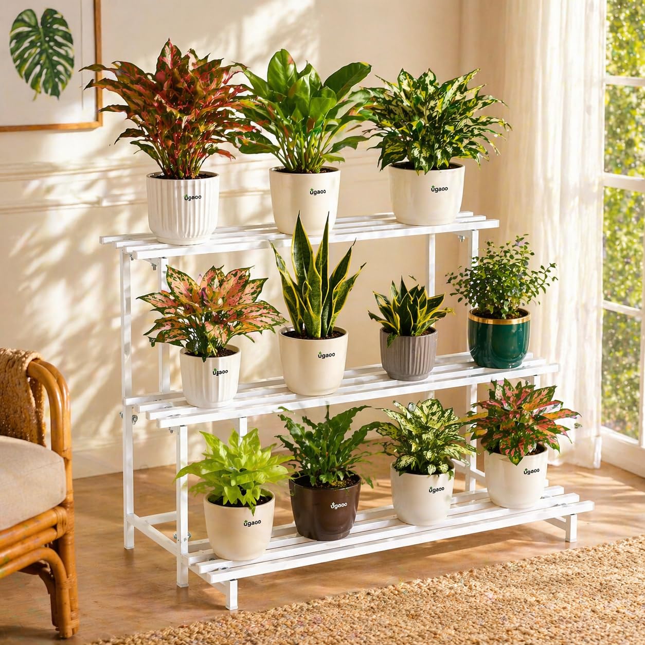 UGAOO Elevate 3-Tier Square Tube Heavy Duty Metal Plant Stand - White | Iron Plant Stand for Indoor & Outdoor Use | Balcony, Living Room, Patio & Garden Decor