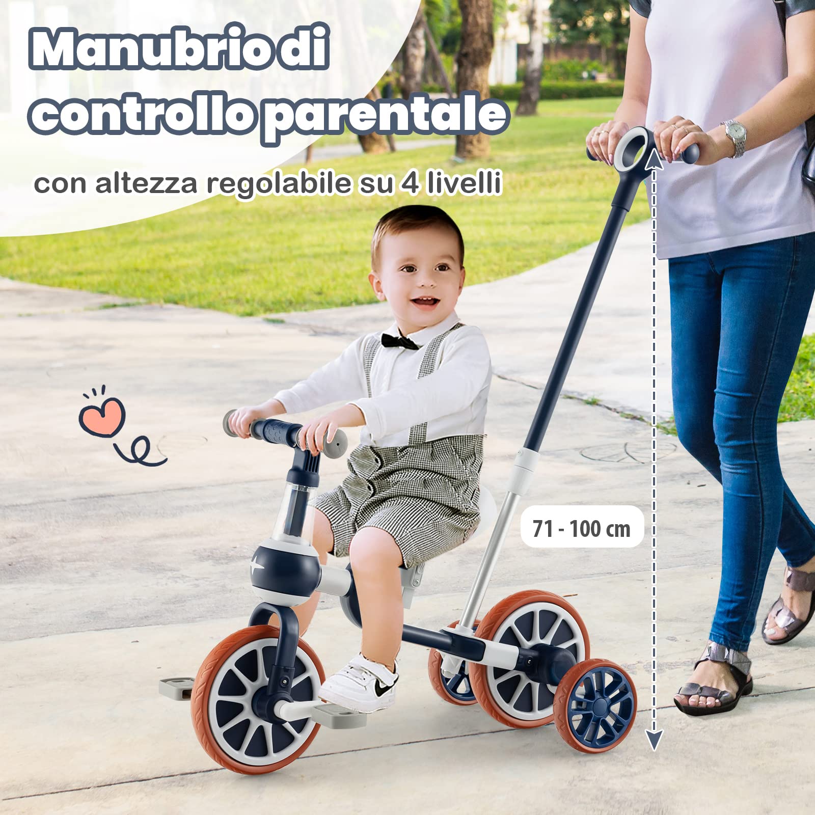 COSTWAY 4 in 1 Triciclo per Bambini con Maniglia di Spinta, Triciclo per Bambini Bicicletta Equilibrio con Maniglia, Sedile Regolabili e Pedali Rimovibili, per 2-4 anni (Blu Navy)