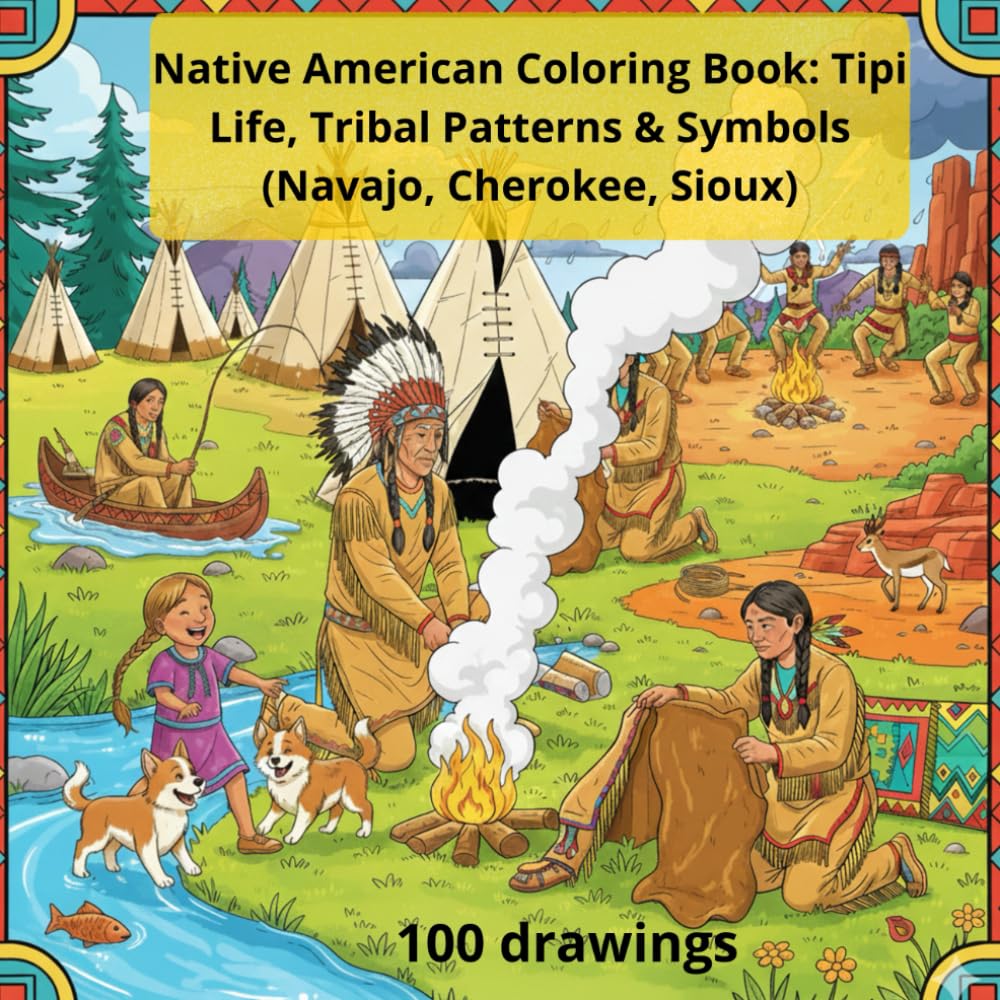 Native American Coloring Book: Tipi Life, Tribal Patterns & Symbols (Navajo, Cherokee, Sioux): Authentic Adult Coloring Book: Daily Scenes of Hunters, Farmers, Fishermen & Stress Relief Mandalas