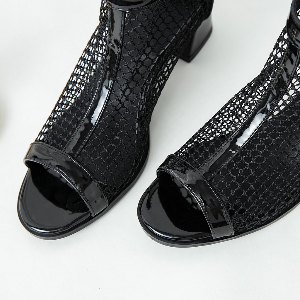 DINTAHA Mesh Open Toe Chunky Heel Booties Peep Toe Ankle Boots Low Heel Summer Boots
