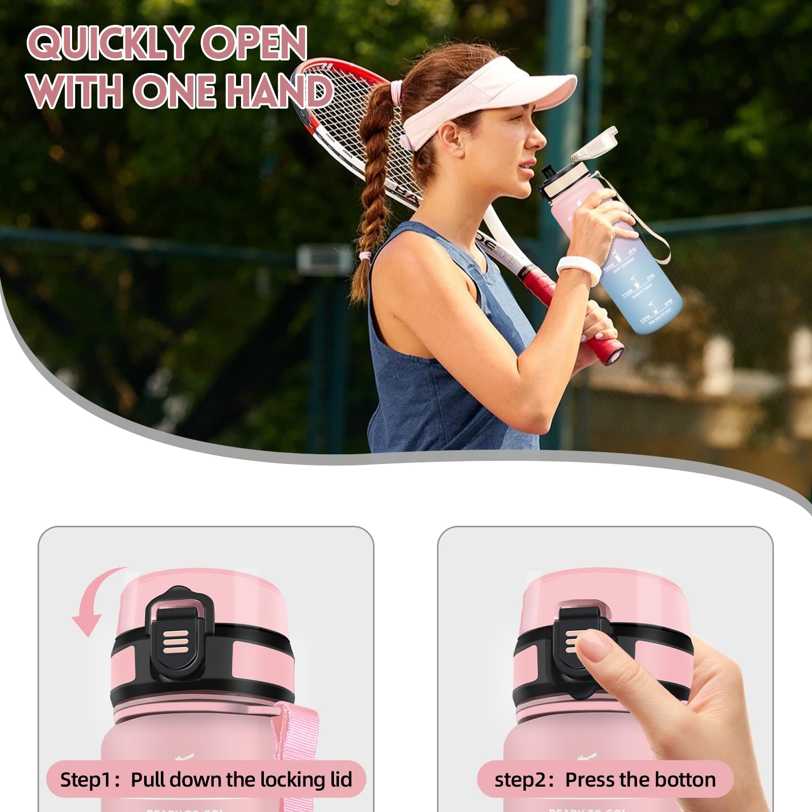 Motswedi Borraccia 1 litro,Riutilizzabile, Borraccia Motivazionale, a Prova di Perdite, Bottiglia Acqua, Senza BPA, Borracce, per Sport, Ufficio, Ciclismo, Palestra, Rosa&Blu cielo