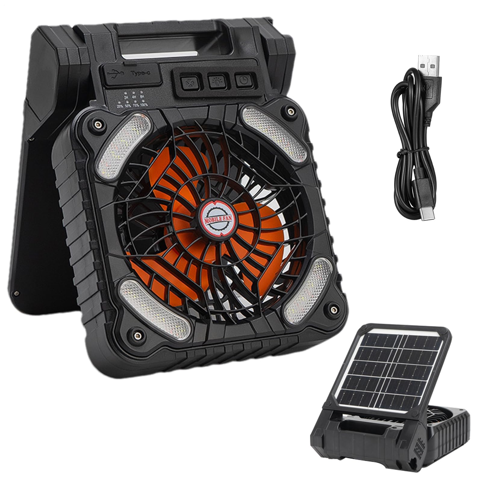 Genérico Ventilador solar portátil,Ventilador solar para acampar,Ventiladores para tiendas de campaña con luces - LED con 4 velocidades de viento y 3 niveles de brillo, con batería de 100