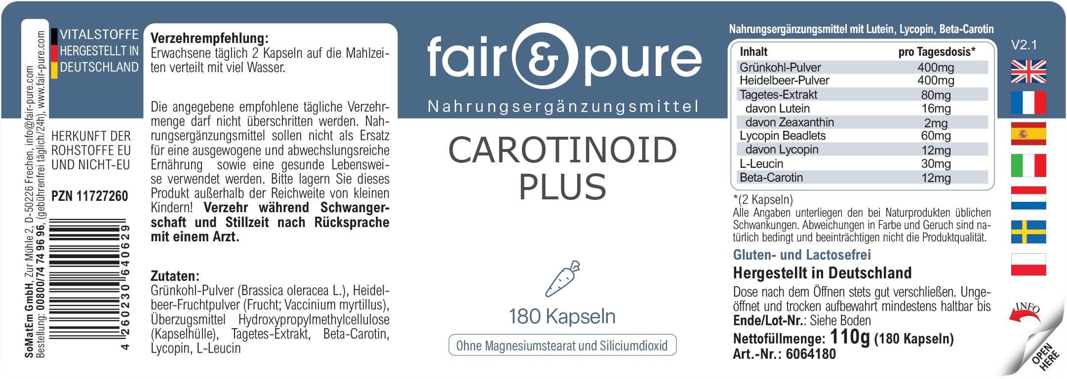 Fair & Pure Carotinoid Komplex, 180 Kapseln, schluckfreundlich, mit Lutein, Lycopin und Beta-Carotin, Nahrungsergänzungsmittel vegan ohne Magnesiumstearat, in Deutschland hergestellt