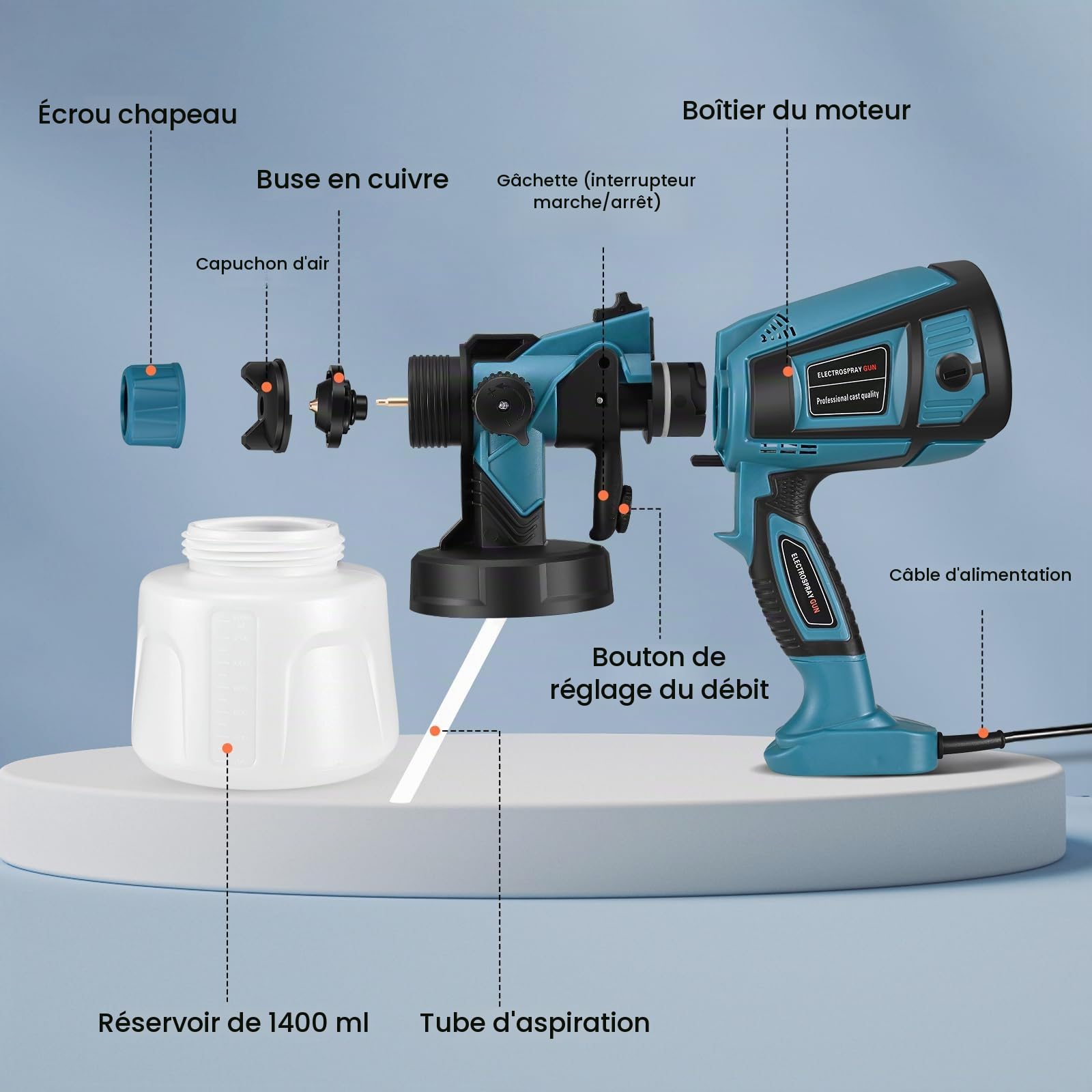 Pistolet a Peinture, Pistolet Électrique 800W, 5 Buses en Cuivre d'une Capacité de 1400ML Pulvérisateurs de Peinture, Adapté aux Murs, Clôtures et Plafonds