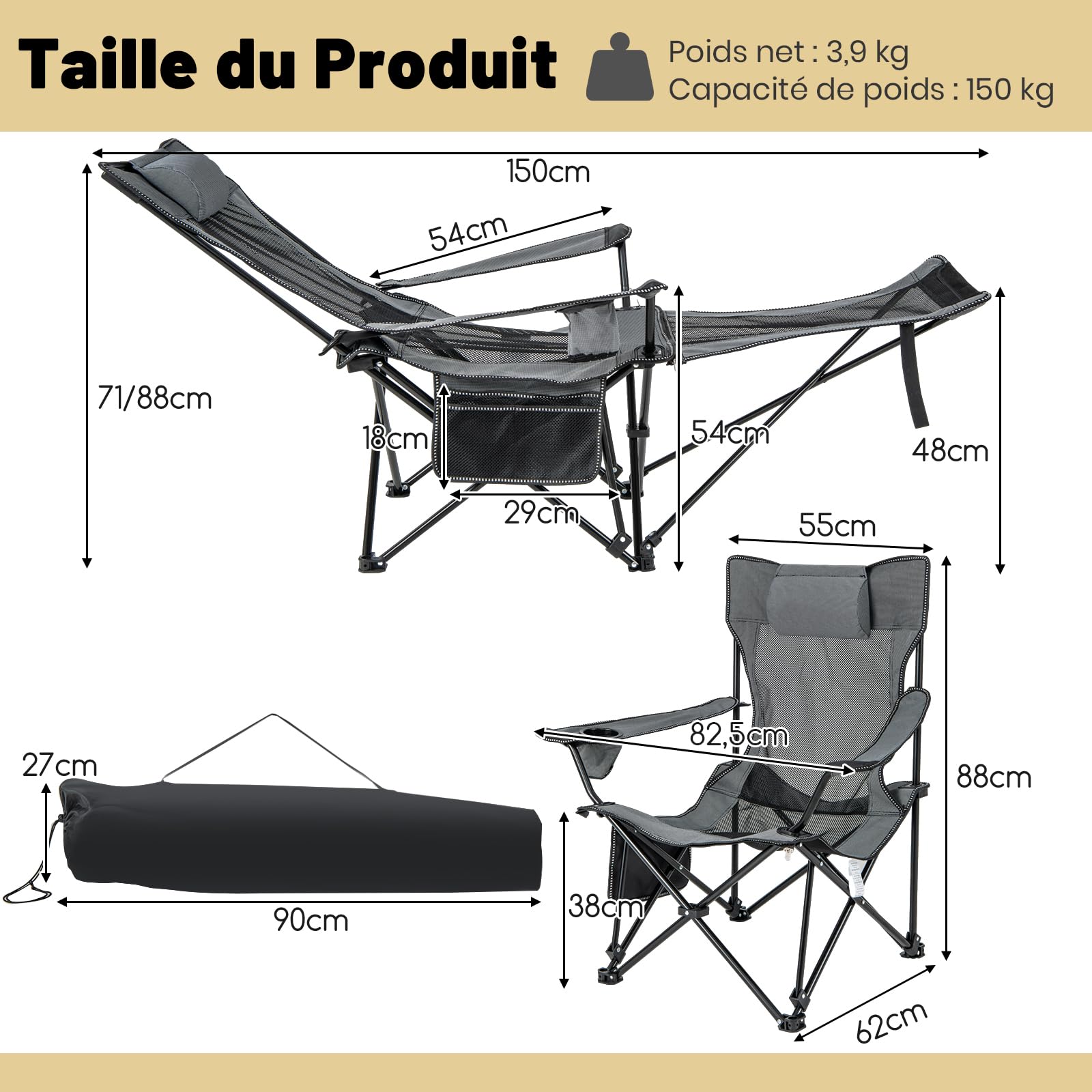 GIANTEX Chaise Pliante Camping 2 en 1, Fauteuil de Camping avec Repose-Pieds Amovible, Dossier Réglable à 4 Positions, Porte-Gobelet & Poche Latérale, Sac de Transport, pour Randonnée, Pêche, Gris
