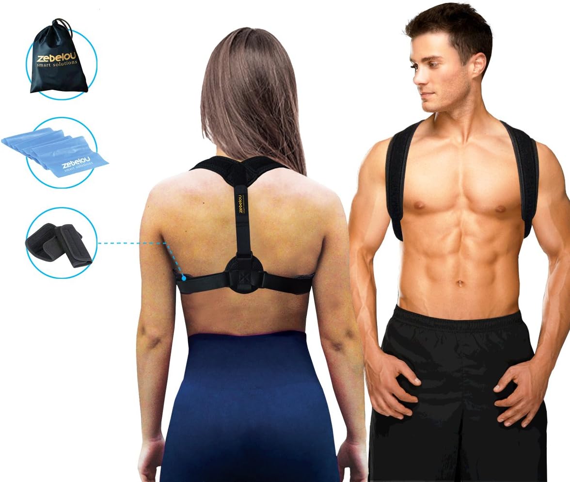 Premium Posture Corrector & Under Clothes Back Support Brace for Women Men & Kids + A Resistance Band- Adjustable Clavicle Brace Unnoticeable & Comfortable Shoulder Support for Improving Posture