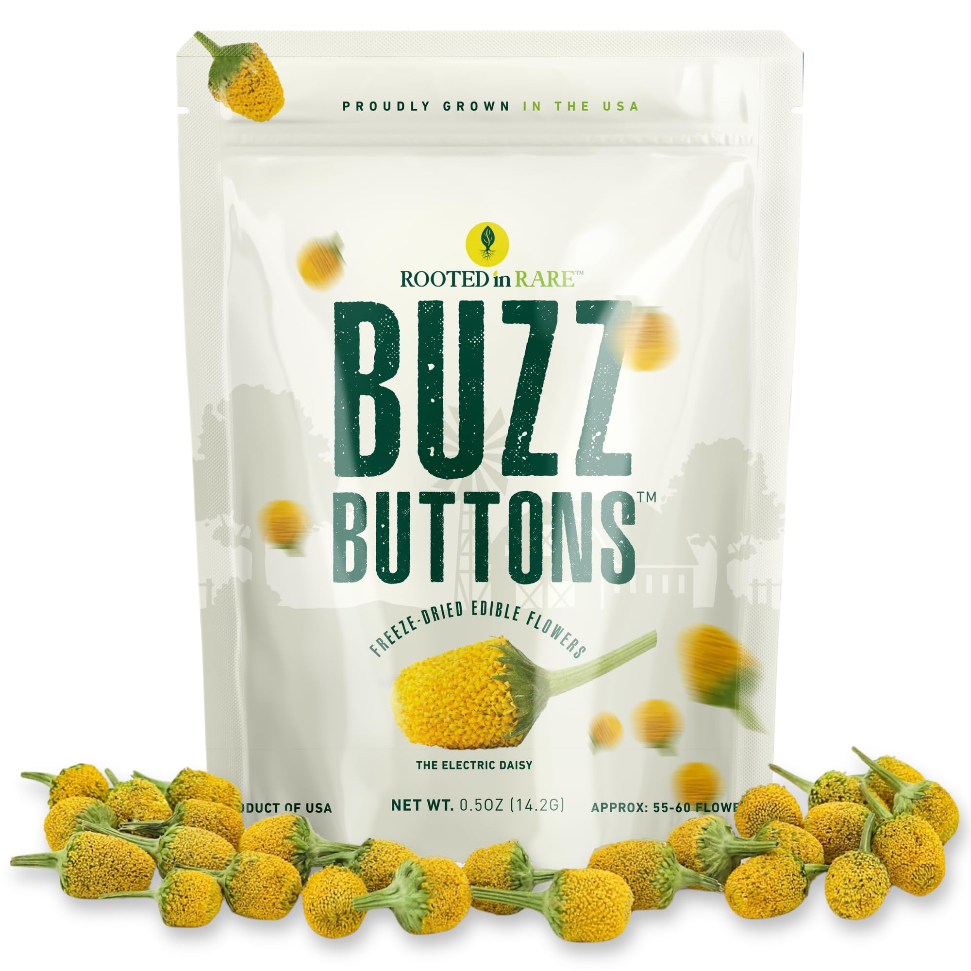 Buzz Buttons Edible Flowers For Cocktails | Grown In USA | Spilanthes | Freeze Dried Edible Flowers for Drinks | Szechuan Buttons | Edible Dried Flowers For Drink Garnish | .5oz Pouch