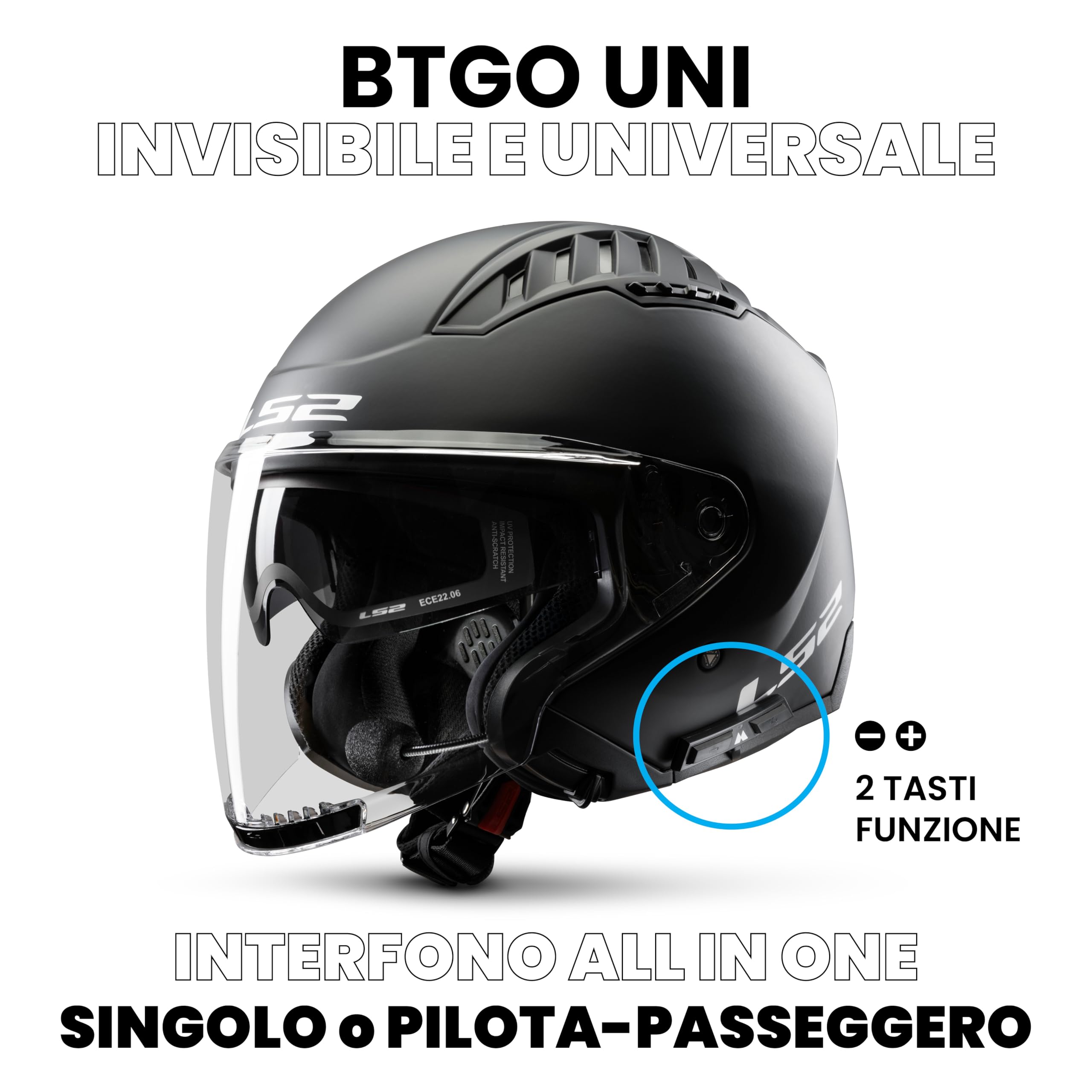 Midland - Interfono Moto Bluetooth BTGO Uni, Auricolari Casco Impermeabili per Tutti i Caschi, 200m, Batteria 8H, Universal Intercom, Audio Stereo con DSP, Compatibile con GPS e Interfoni Altre Marche