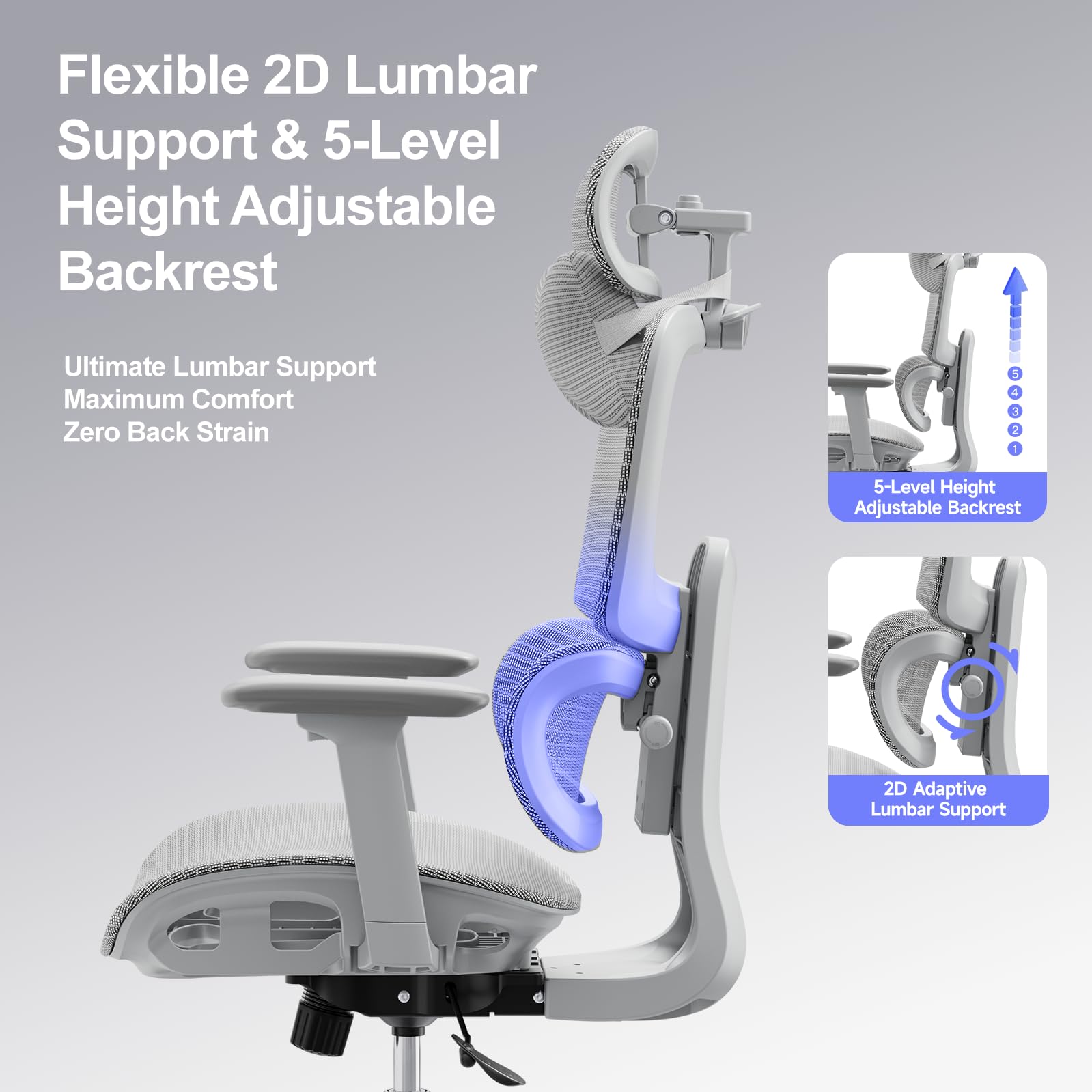LarkLeaves Silla de Oficina Ergonómica con Reposapiés Gris L10 Pro | Malla transpirable, soporte lumbar 2D, respaldo ajustable, reposabrazos 3D, inclinación 145 grados, ruedas goma