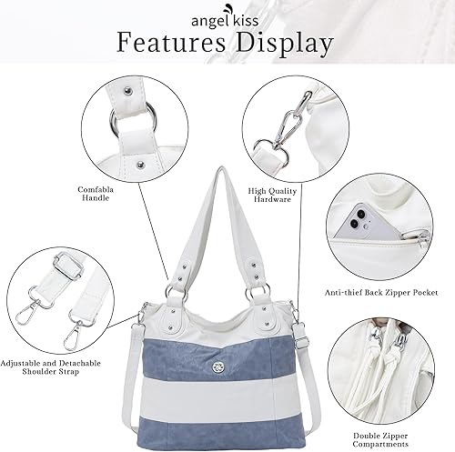 Miniatura 5 de Angel Kiss Hobo - Bolsos de hombro grandes para mujer de piel sintética lavada suave y a rayas L Negro/Blanco, Azul / Patchwork, gris, Rosa/Rebel