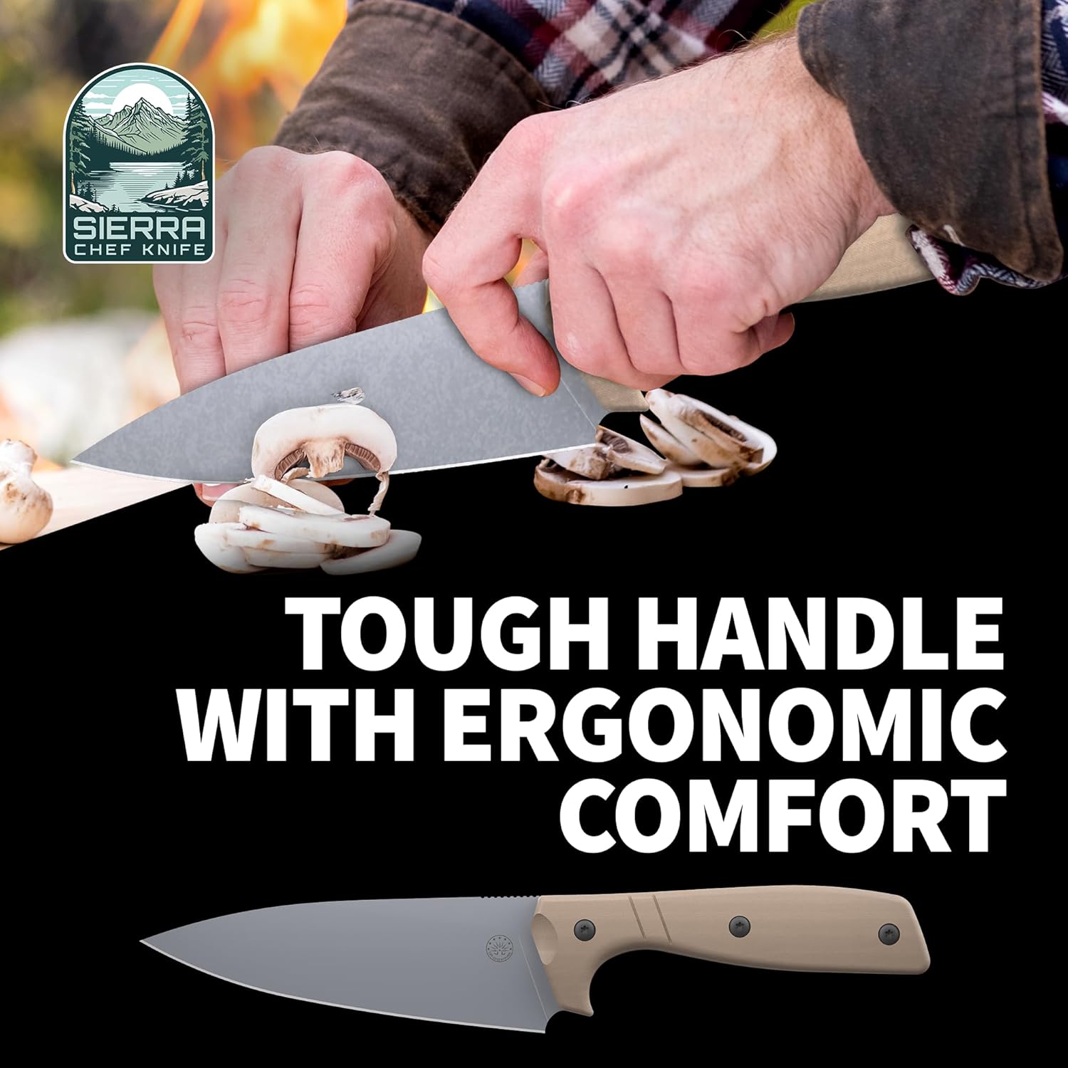 Off-Grid Knives - Sierra Chef Knife with Sandvik 14C28N Stainless Steel, Kydex Sheath and Belt Clip, G10 Scales, Camping, BBQ & Home Kitchen Use (Coyote)