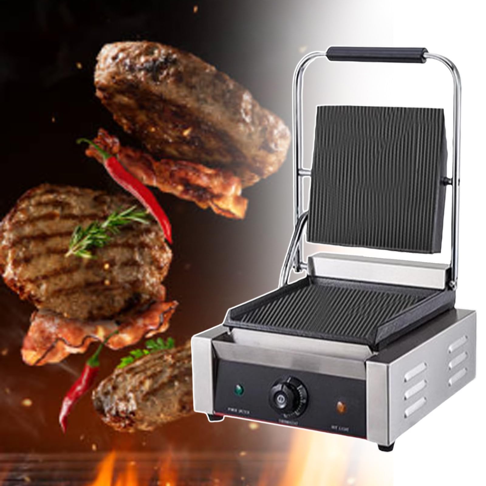SENJINGHUA Automatic Temperature Control Lamb Chops Press Grill, Commercial Panini Grill, 9.4"X9" Heating Area, with Enamel Non-Stick Coating, Easy to Clean,110V