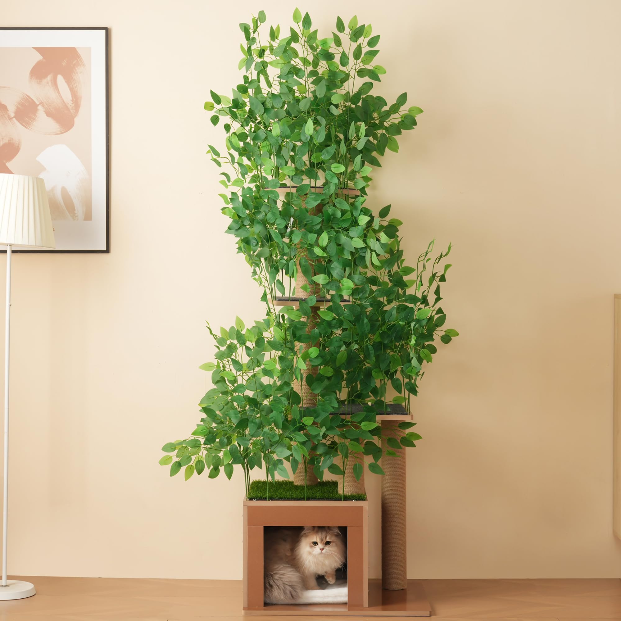 Árbol rascador de 190 cm de alto con 4 plataformas y agujeros para gatos. Material seguro para mascotas, hojas extraíbles, impermeable y resistente a la humedad, adecuado para gatos (verde)