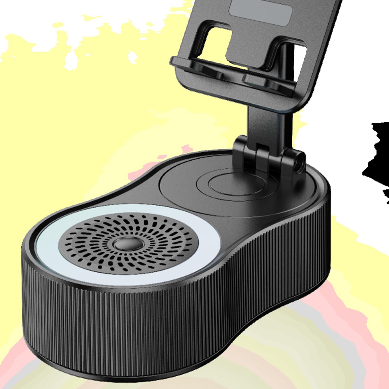 ① ワイヤレス誘導スピーカー　ブラック　スマホホルダー　LEDライト付き　未使用 ① ワイヤレス誘導スピーカー ブラック スマホホルダー LED