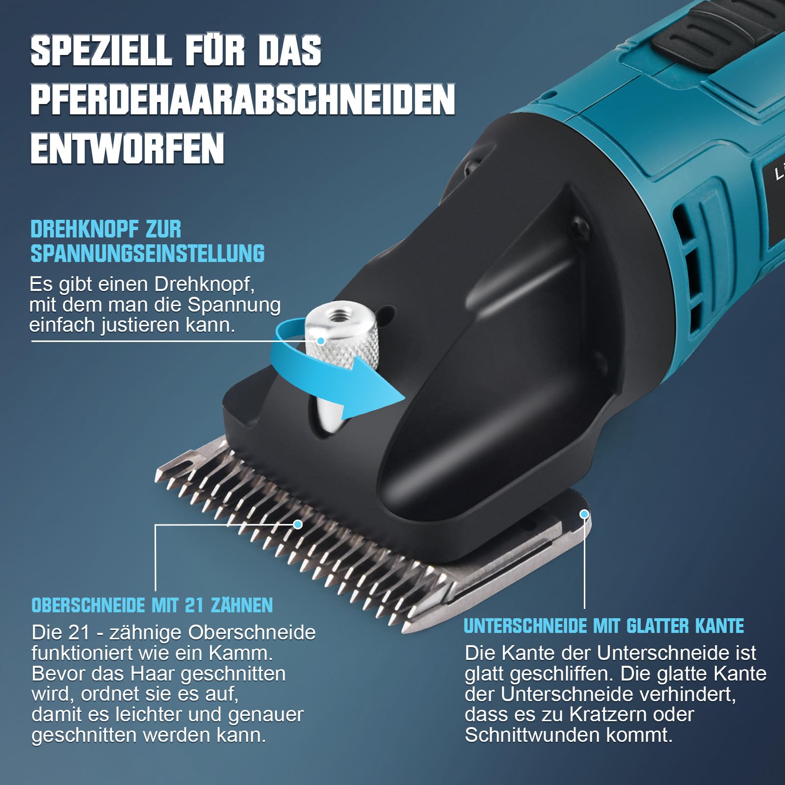 Schermaschine Pferde Akku, 500W Kabelloses Pferdeschermaschine Mit 2x2500mAh Akkus, 6 Geschwindigkeiten Professionelle Schermaschine für Pferde Dickes & Verfilztes Haar Kompatibel mit Makita 18V Akku