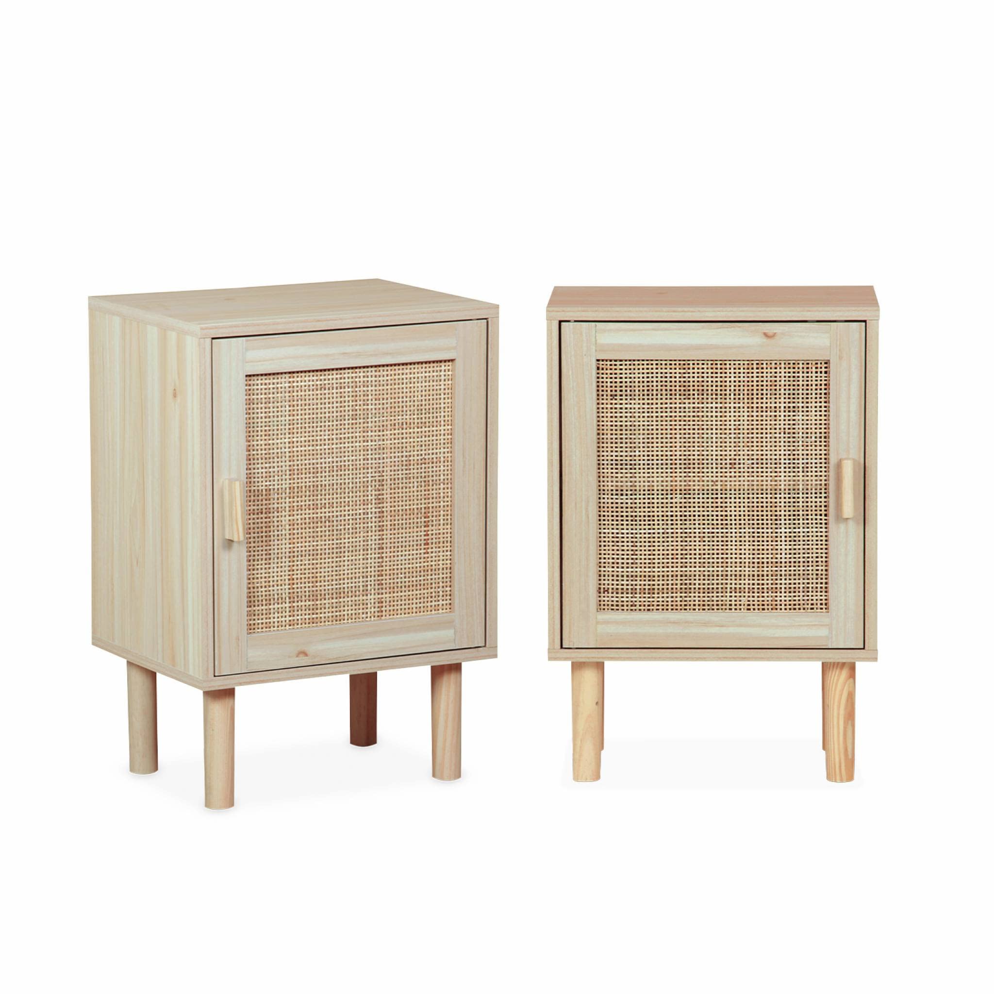 Alice's Home - Lot de 2 Tables de Chevet en cannage et décor Bois - Camargue - 40x30x58cm. 2 Niveaux. 1 Porte. Pieds Droits