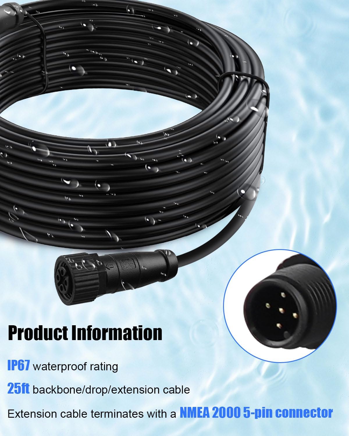 NMEA 2000 (N2K) 25Ft Backbone, Drop or Extension Cable Compatible with Lowrance Simrad B&G Navico Garmin Network System, Marine Grade