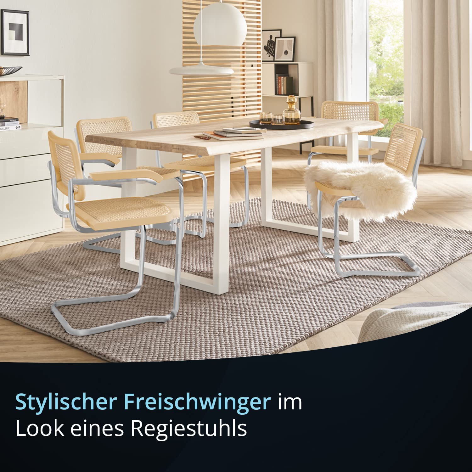 KHG 4er-Set Schwingstuhl Freischwinger Chrom Made in Italy, für Esszimmer | Rückenlehne und Sitzfläche aus Massivholz Buche und Rattan, Esszimmerstuhl, Küchenstuhl Designstuhl mit Wiener Geflecht