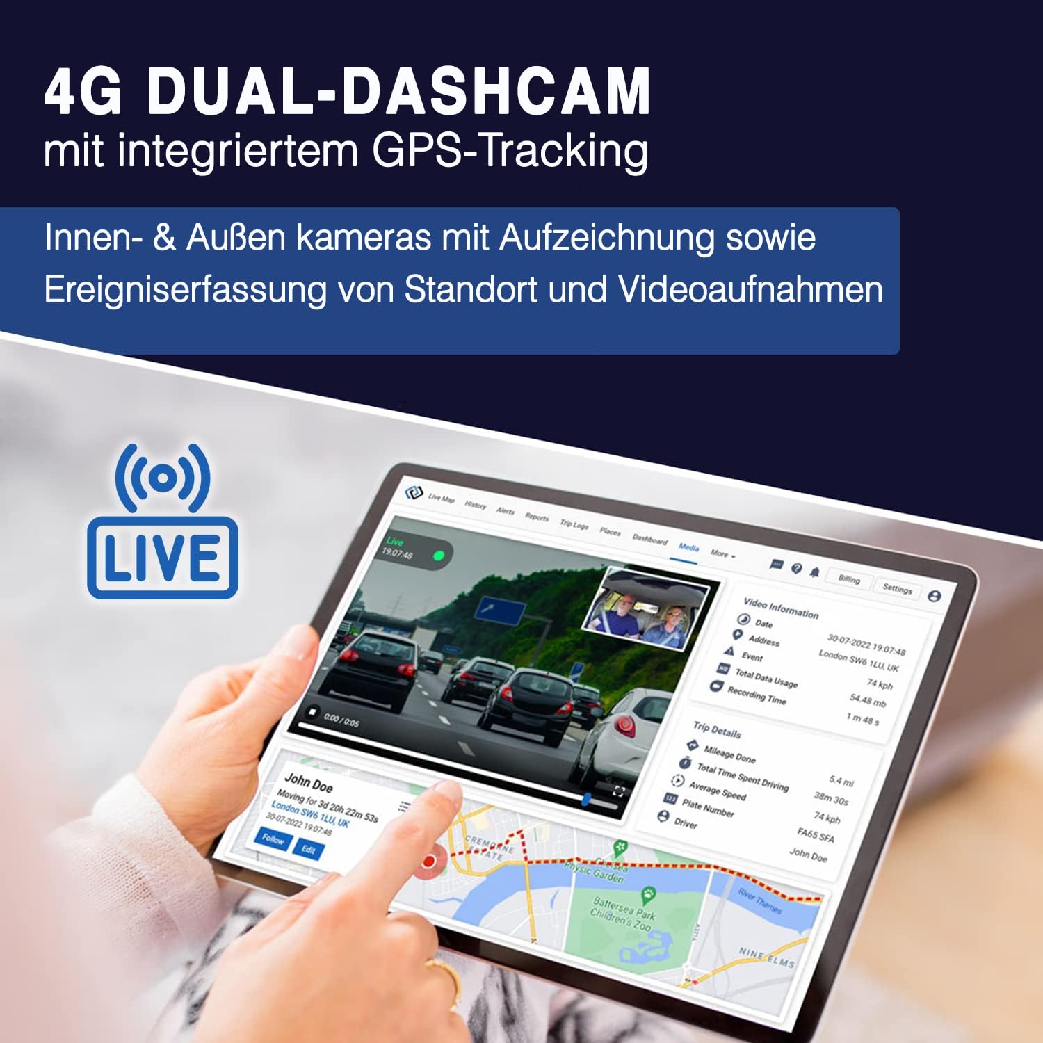 GPSLive 4G Dual-Dashcam mit GPS-Tracker und OBD-II-Stromversorgung, 2 HD-Kameras für Straße & Innenraum, Live-GPS-Ortung, Cloud-Speicher, Plug-&-Play