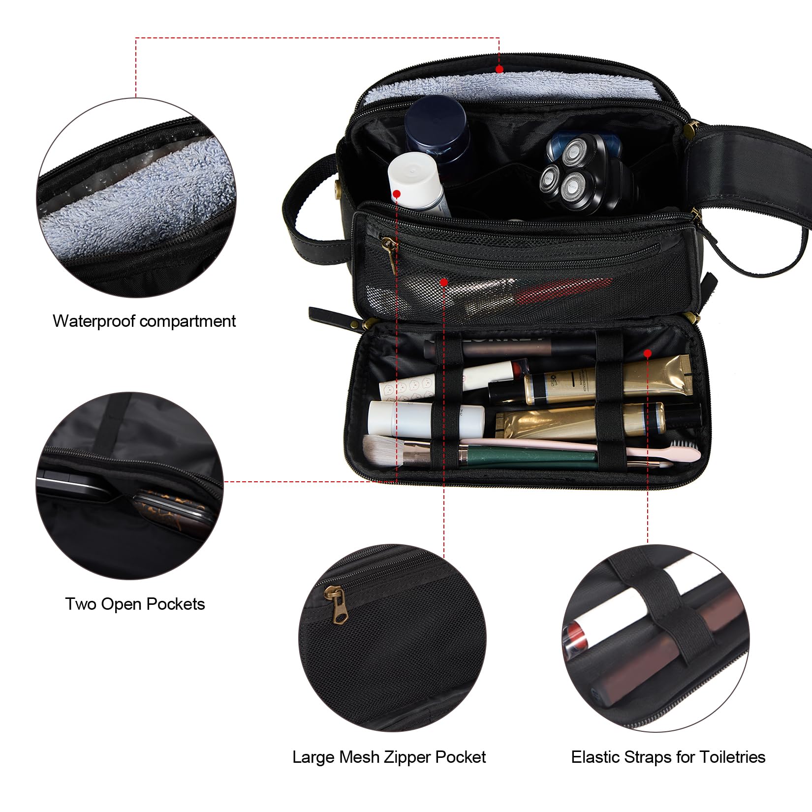 DENGFENGZHE Toiletry Bag for Men, Full Grain Leather Travel Pouch Shaving Dopp Kit Bathroom Toiletries Organizer Bags, Black