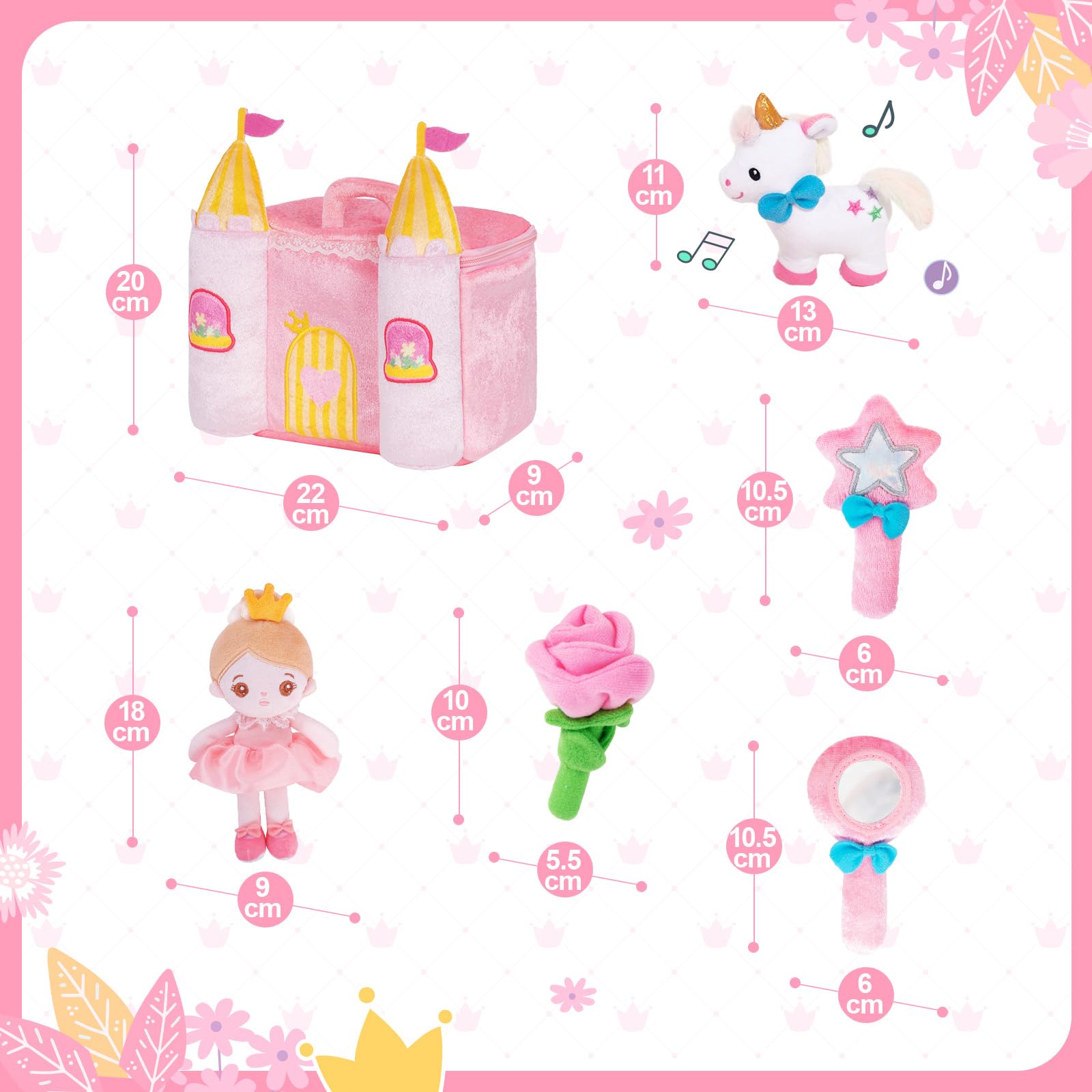 OUOZZZ Château Jouet de Princesse- avec 5 Jouets en Peluche，Peluche Licorne、Poupée de Chiffon、Cadeaux d'anniversaire pour Les Filles âgées de 1, 2 et 3 Ans