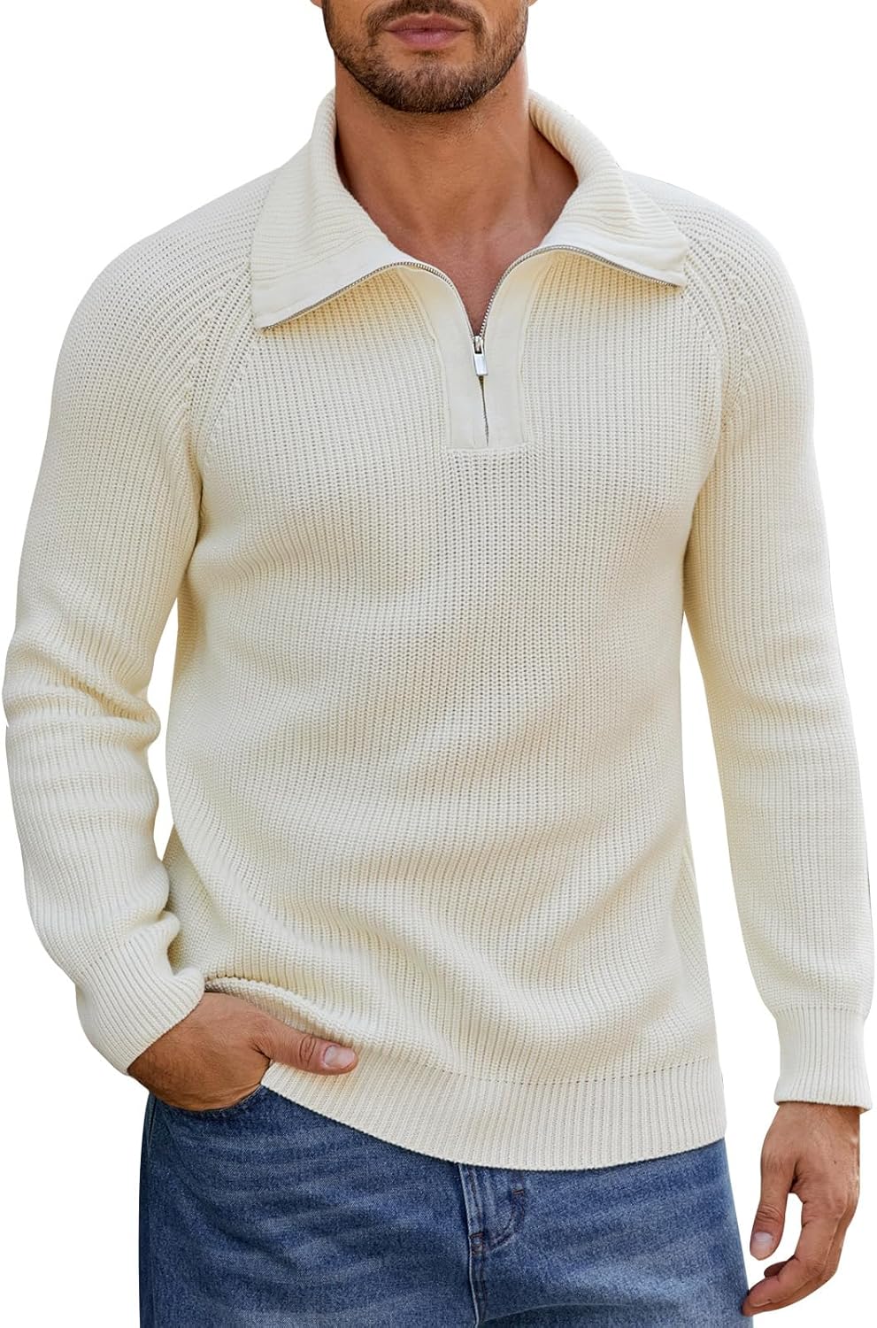 Men's Quarter-Zip Pullover Sweater Slim Fit Lightweight Sweaters Cable Knit Casual Polo Sweater Long Sleeve Sweaters - Image 8