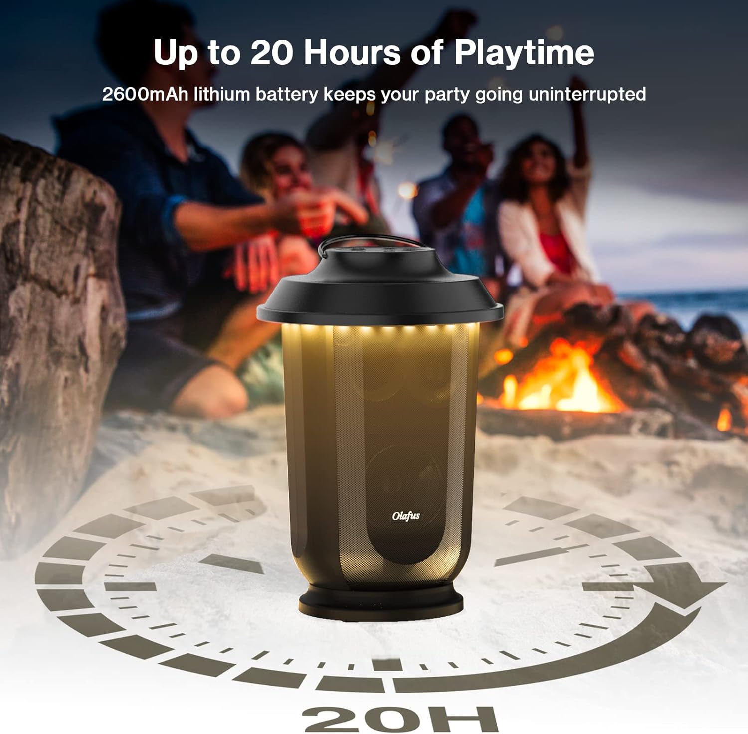 Olafus speaker with a graphic indicating 'Up to 20 Hours of Playtime'