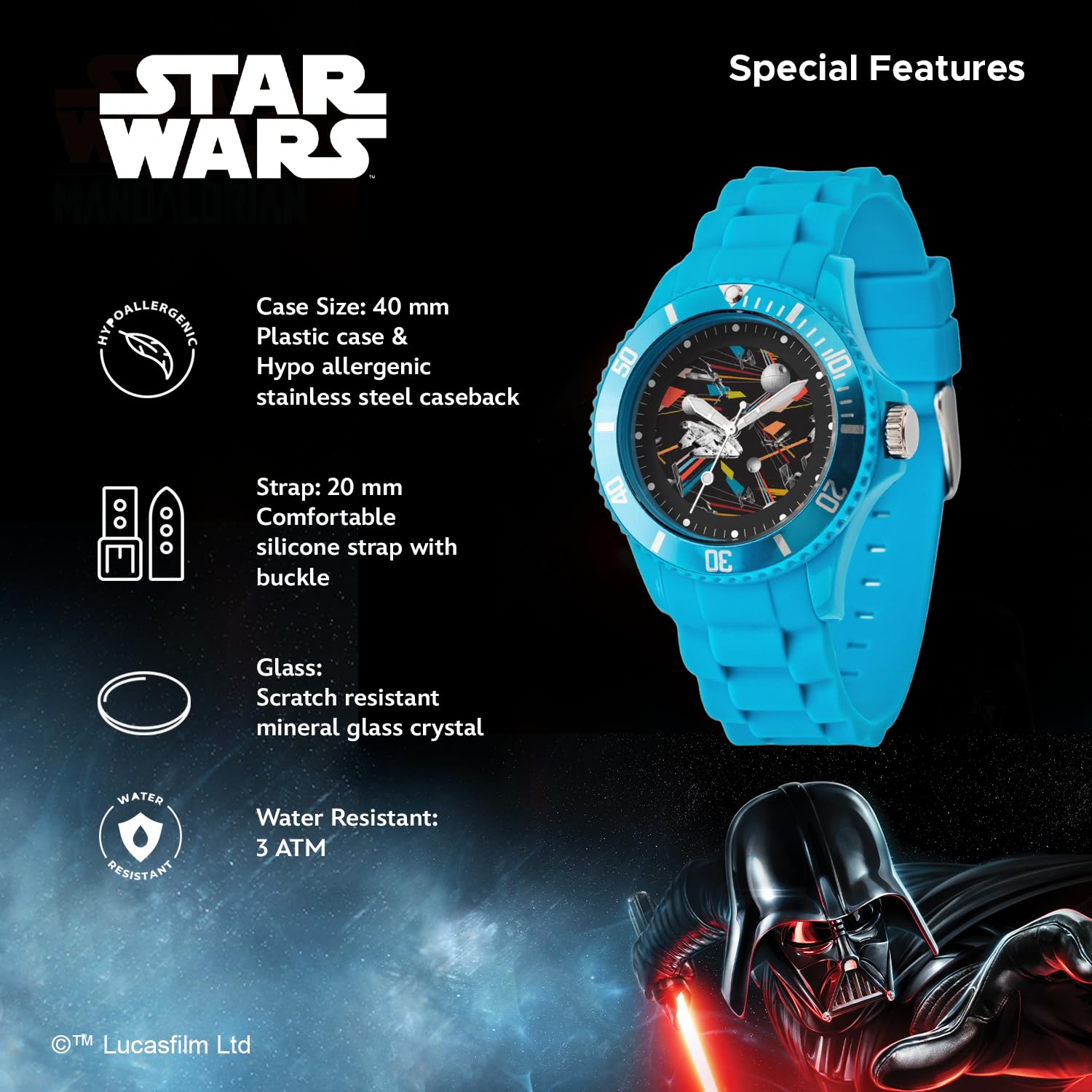 STAR WARS Orologio adulto, orologio analogico di plastica della cinghia di gomma del quarzo di sport, Blu, Plastica sportiva