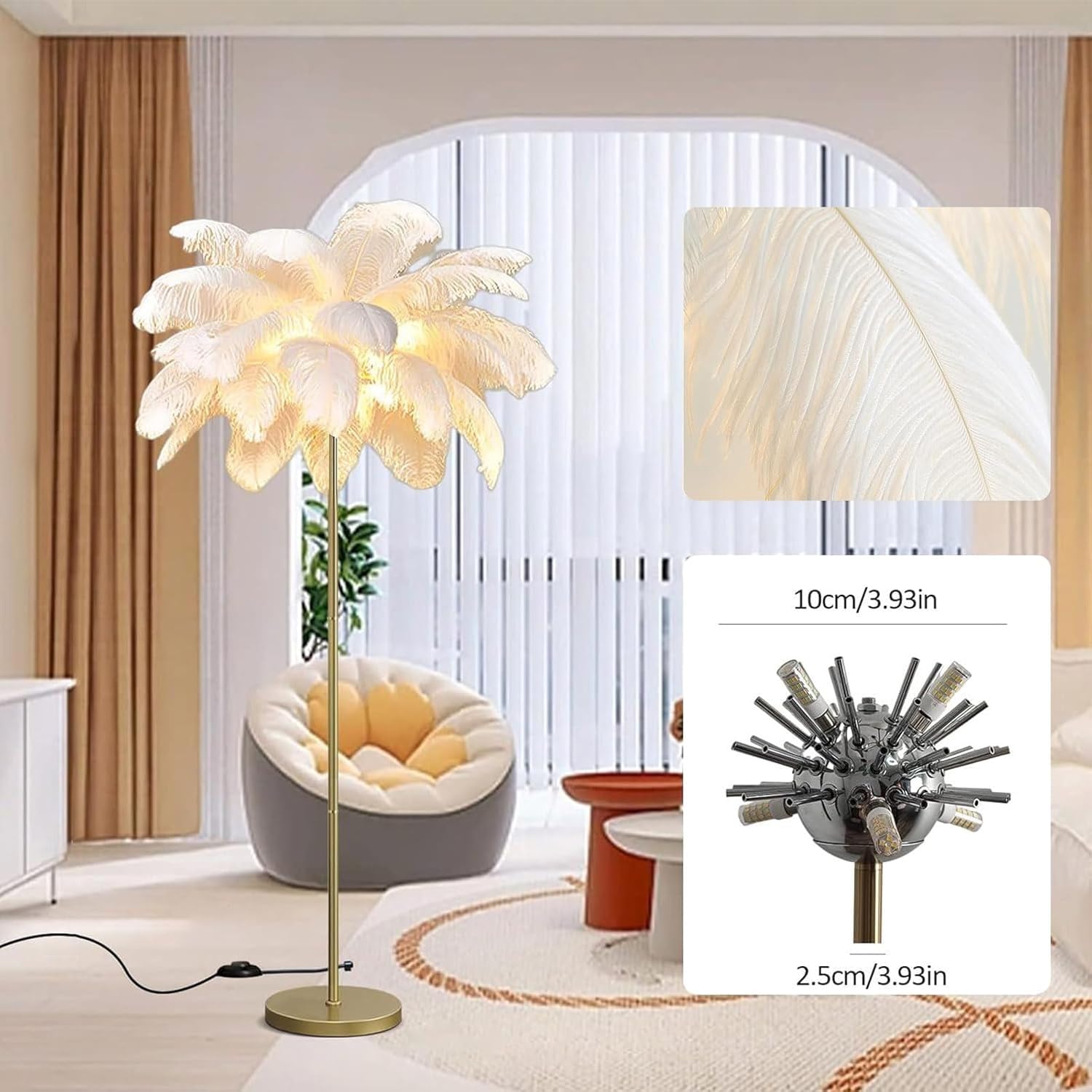 Lampa podłogowa z piór 160 cm z żarówką G4-LED, lampa stojąca z piór z włącznikiem nożnym, elegancka lampa podłogowa z naturalnego pióra strusia do sypialni, salonu, biała