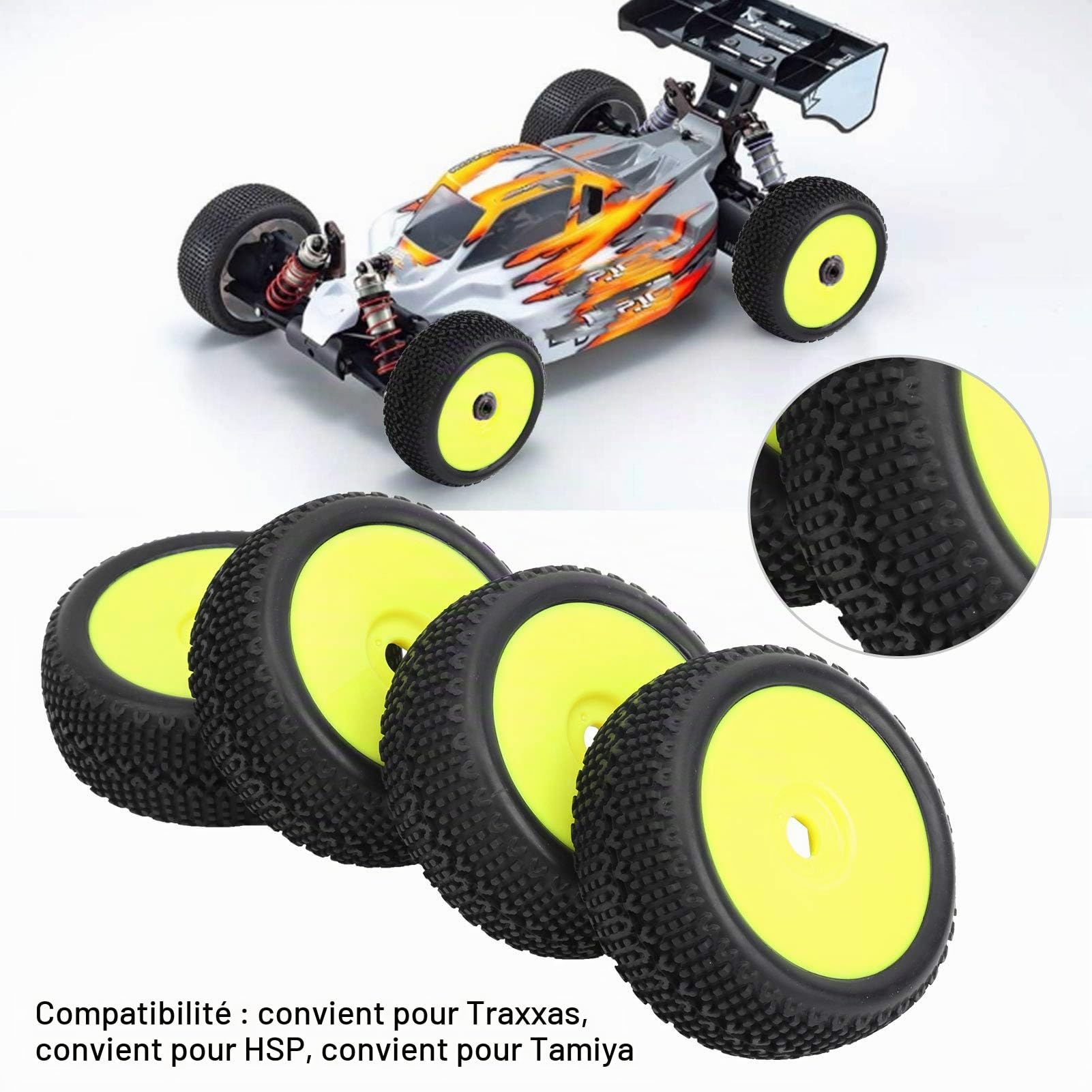4 pièces pneus de Voiture RC, Cadre de Roue Jaune Bande de roulement en Caoutchouc RC pneus antidérapants 1/8 Accessoire de modèle de Voiture RC
