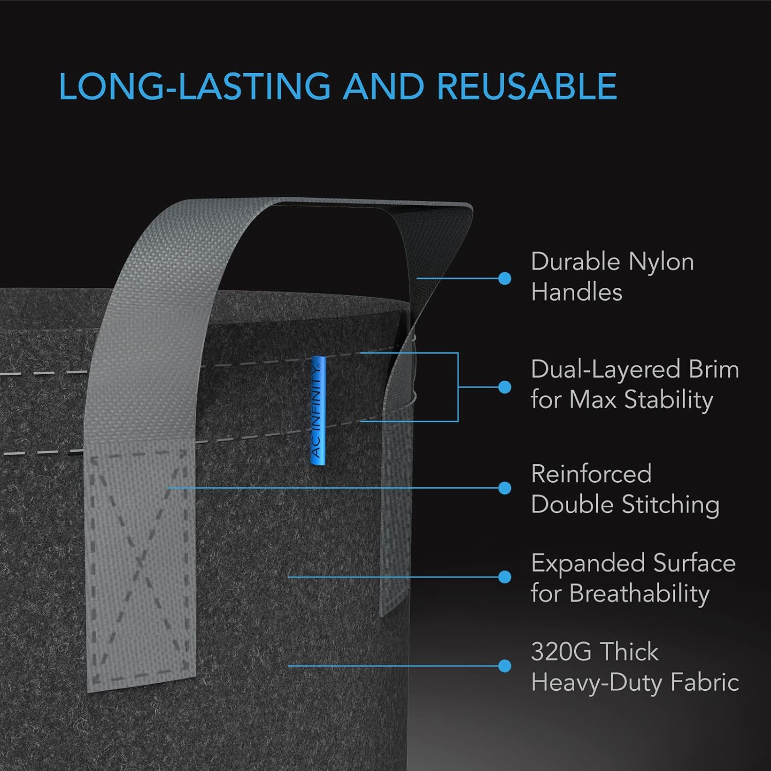 AC Infinity Heavy Duty Fabric Pots, 3 Gallon Aeration Grow Bags 5-Pack with 500G Thick Nonwoven Fabric and Multi-Purpose Rings, for Low Stress Plant Training Fruits, Vegetables, and Flowers : Patio, Lawn & Garden