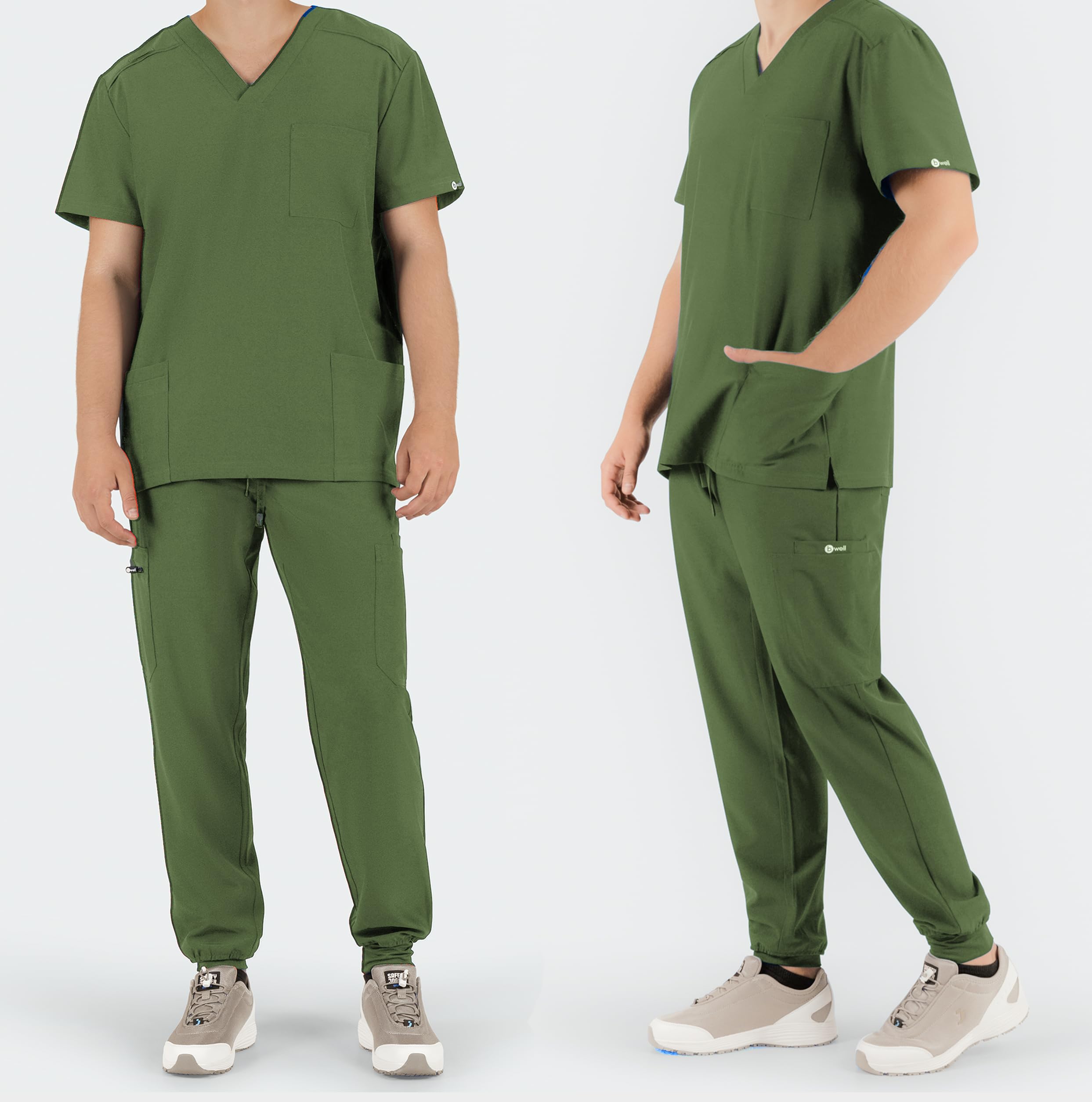 B-well Matteo Herren-Schrubb-Set Schlupfkasack + Jogger Hose Set Medizin Arzt Uniform Medizinische Berufsbekleidung mit Elastan (DE/NL/SE/PL, Alphanumerisch, XL, Olive)