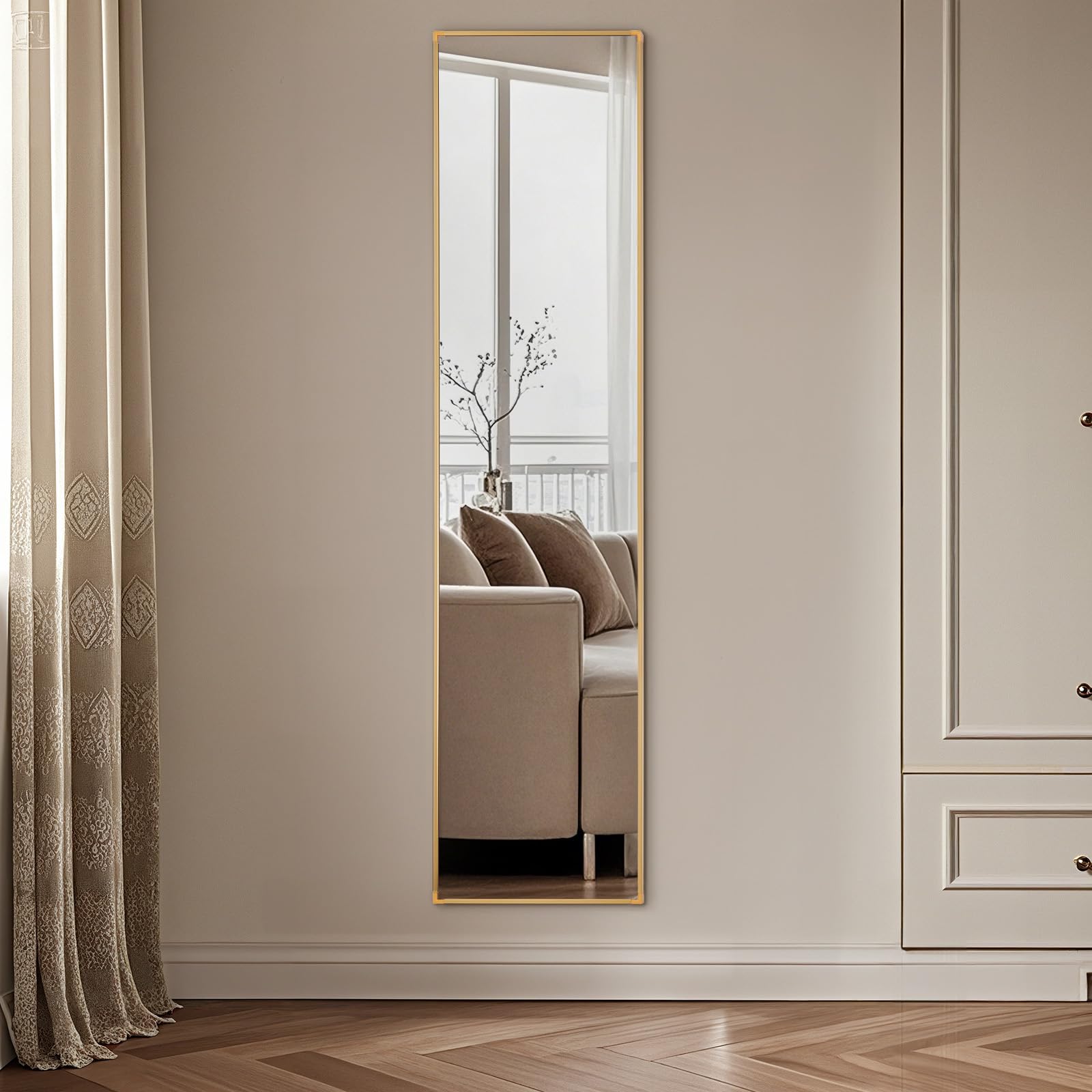 Warmiehomy 30x120cm Full Length Wall Mounted Mirror, Full Body Long Mirror with Metal Framed for Living Room or Dressing Bedroom, Beige