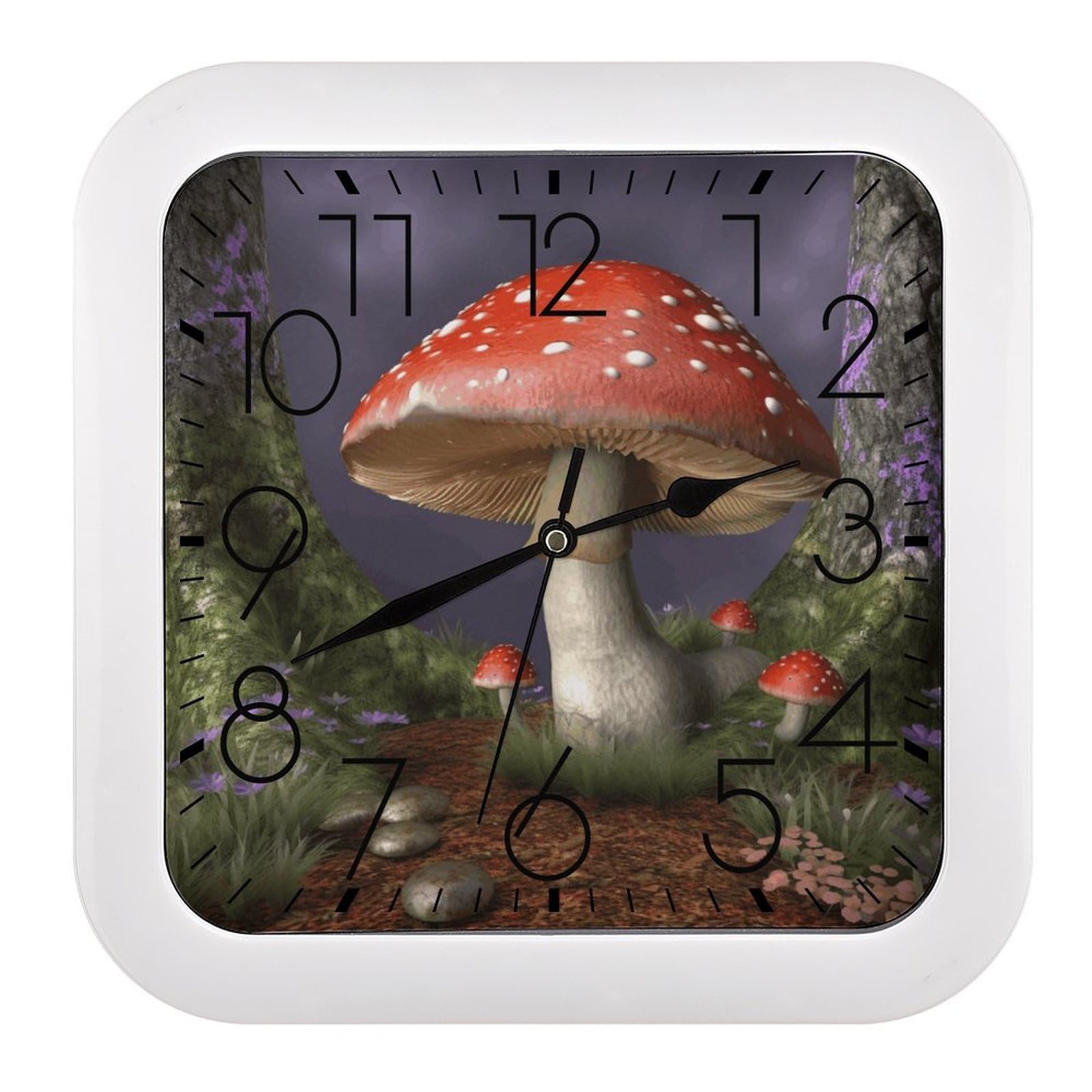 LZQPOEAS Mushroom Square Wall Clock, 10.2 Inch Battery Operated Silent Non-Ticking Wall Clock, Square Analog Decorative Clock for Home Wall Art, Living Room, Bedroom, and Office