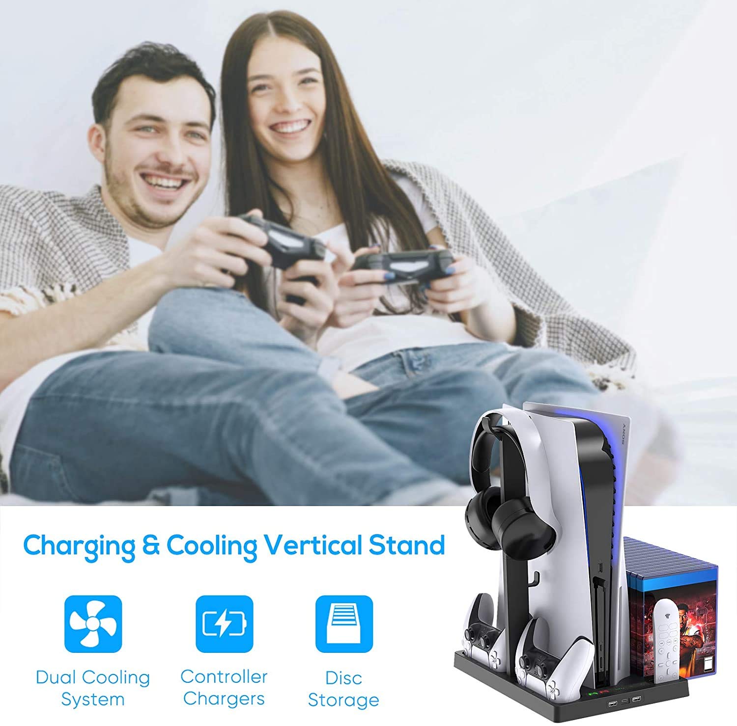 Podstawka ładująca PS5 z wentylatorem chłodzącym do konsoli i kontrolera PS5 / PS5 Digital Edition, pionowa stacja ładująca z podwójnymi portami ładowania kontrolera i 15 gniazdami na gry, zdalna stacja dokująca do zestawu słuchawkowego