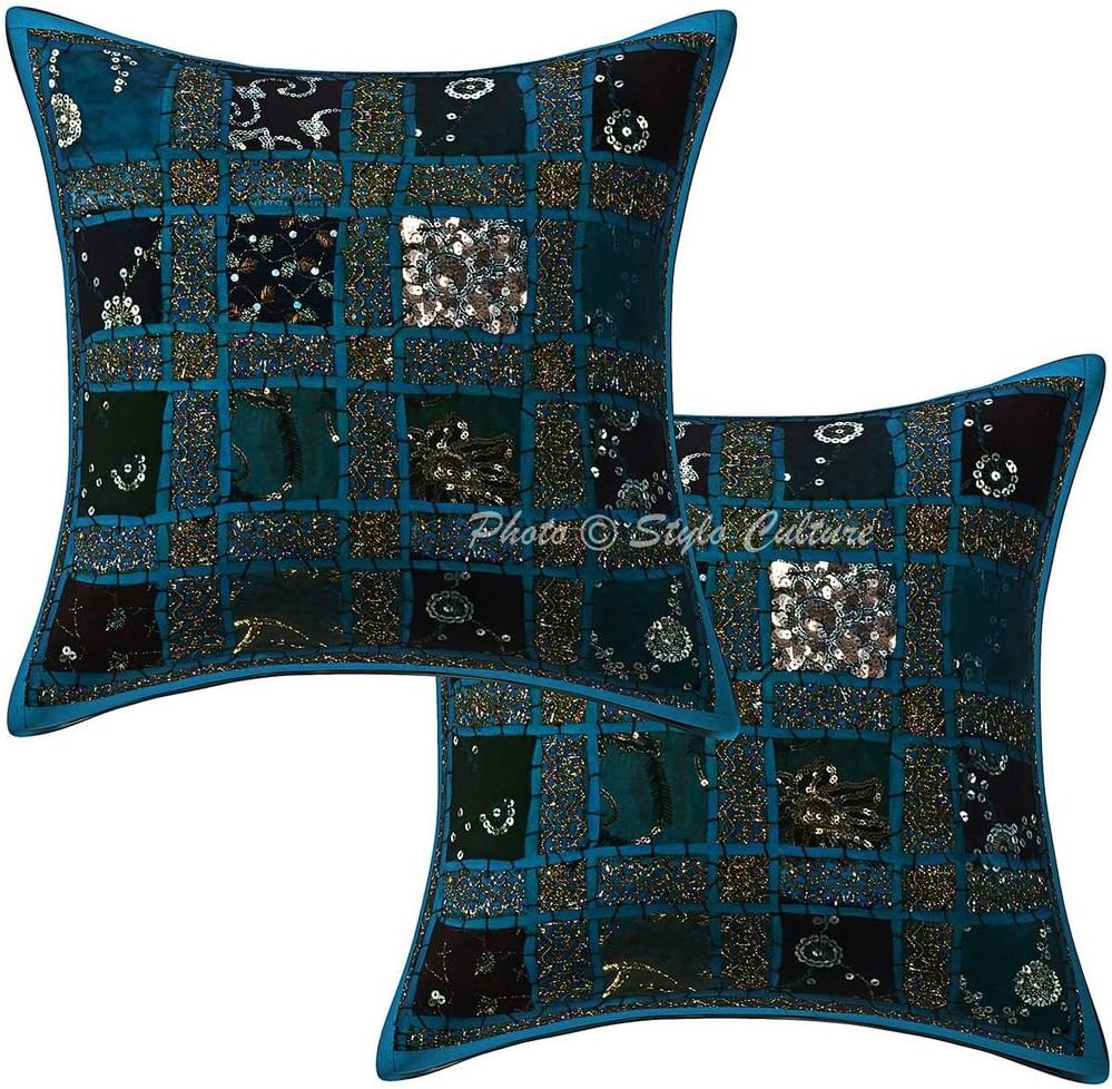 インドのスパンコール長椅子ソファスロー枕カバー16x16パッチワーク刺繍ターコイズ40x40cm家の装飾綿幾何学的な正方形のクッションカバー| 2個セット