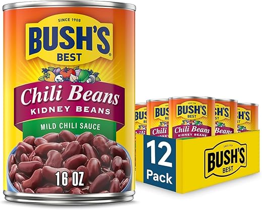 BUSH'S BEST 16 oz Canned Kidney Mild Chili Beans, Source of Plant Based Protein and Fiber, Low Fat, Gluten Free,...