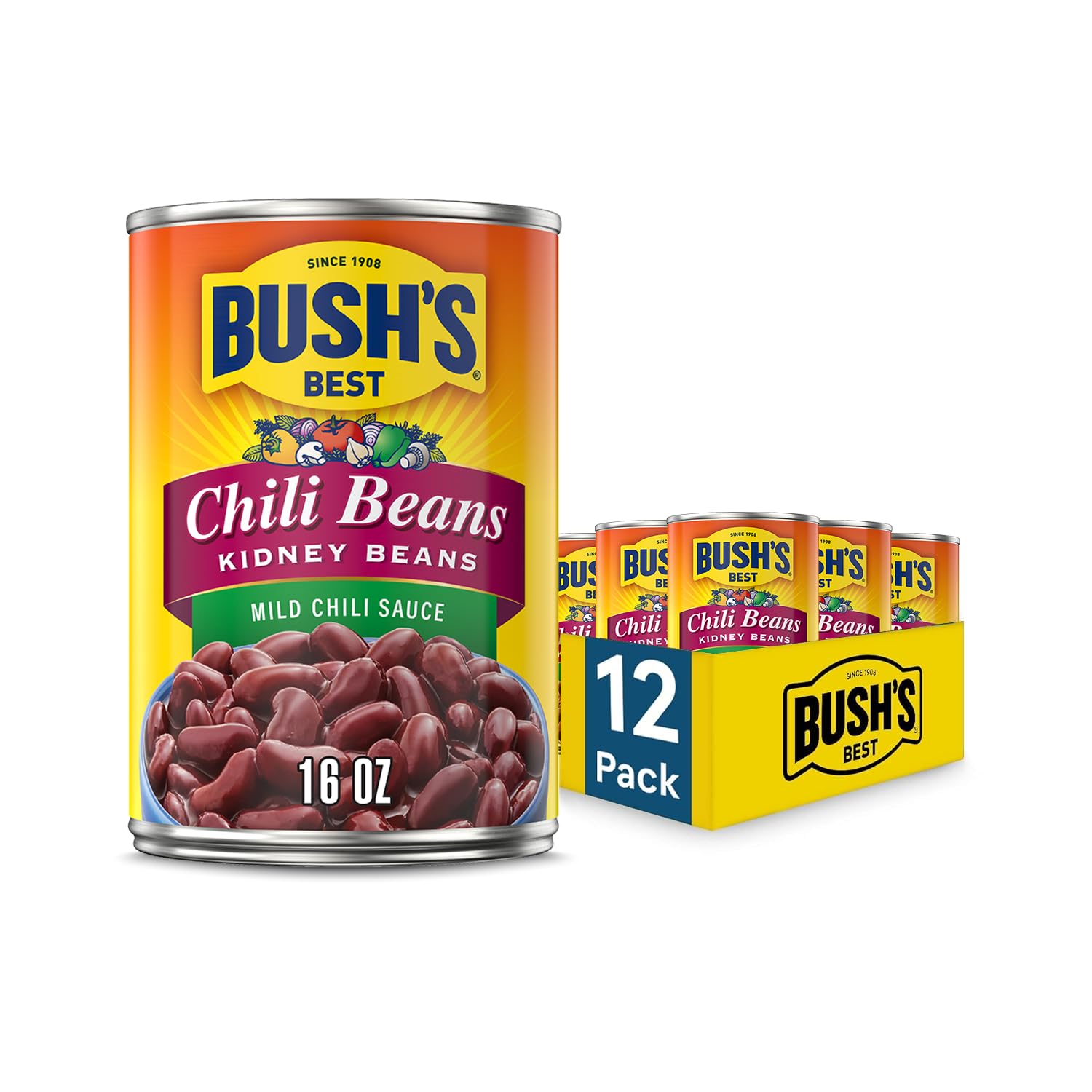 BUSH'S BEST 16 oz Canned Kidney Mild Chili Beans, Source of Plant Based Protein and Fiber, Low Fat, Gluten Free, (Pack of 12)
