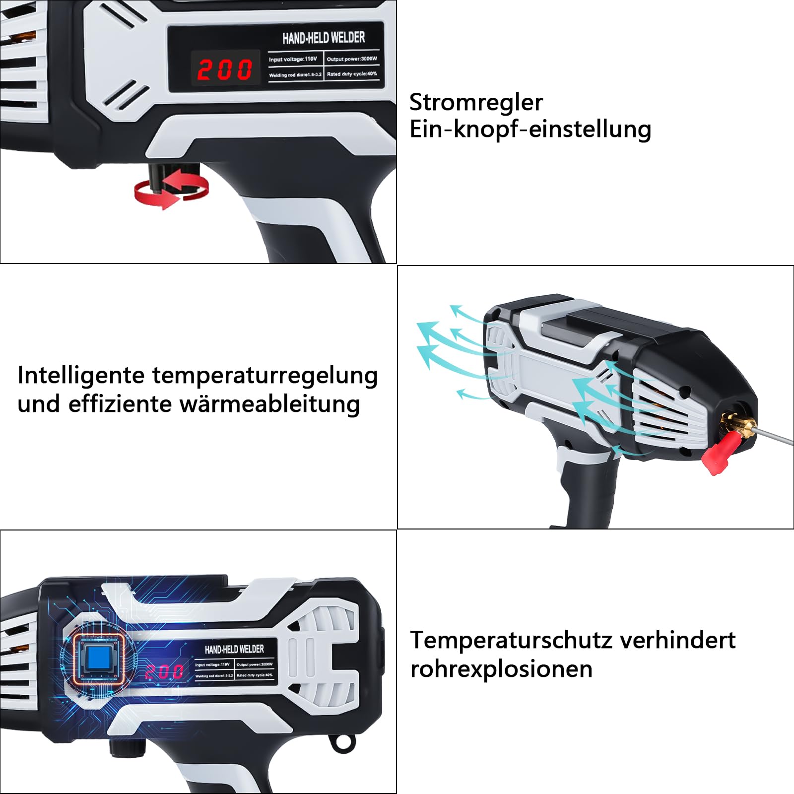 Handschweißgerät mit Drahtvorschub, 3000W 200A Elektroden Schweißgerät mit IGBT Wechselrichter, Tragbares Schweissgerät, für 1,6-3,2mm Elektroden, für Reparaturen, Professionelle Schweißprojekte