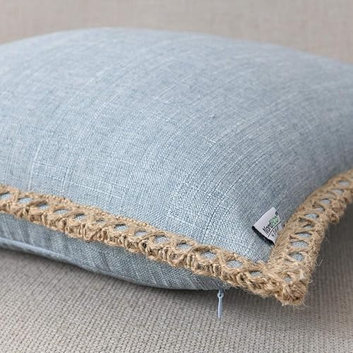 Miniatura 5 de NordECO HOME Juego de 2 fundas de almohada de granja - Fundas de cojín decorativas de lino de arpillera con bordes a medida para decoración del