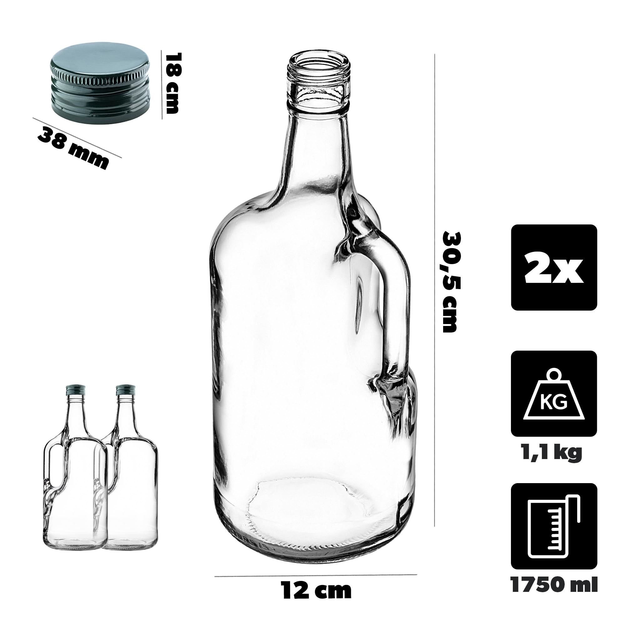 KADAX Lot de 5 Bouteilles à vin en Verre 1,75L – Grandes Bouteilles vides avec Anse pour vin, jus & liqueurs